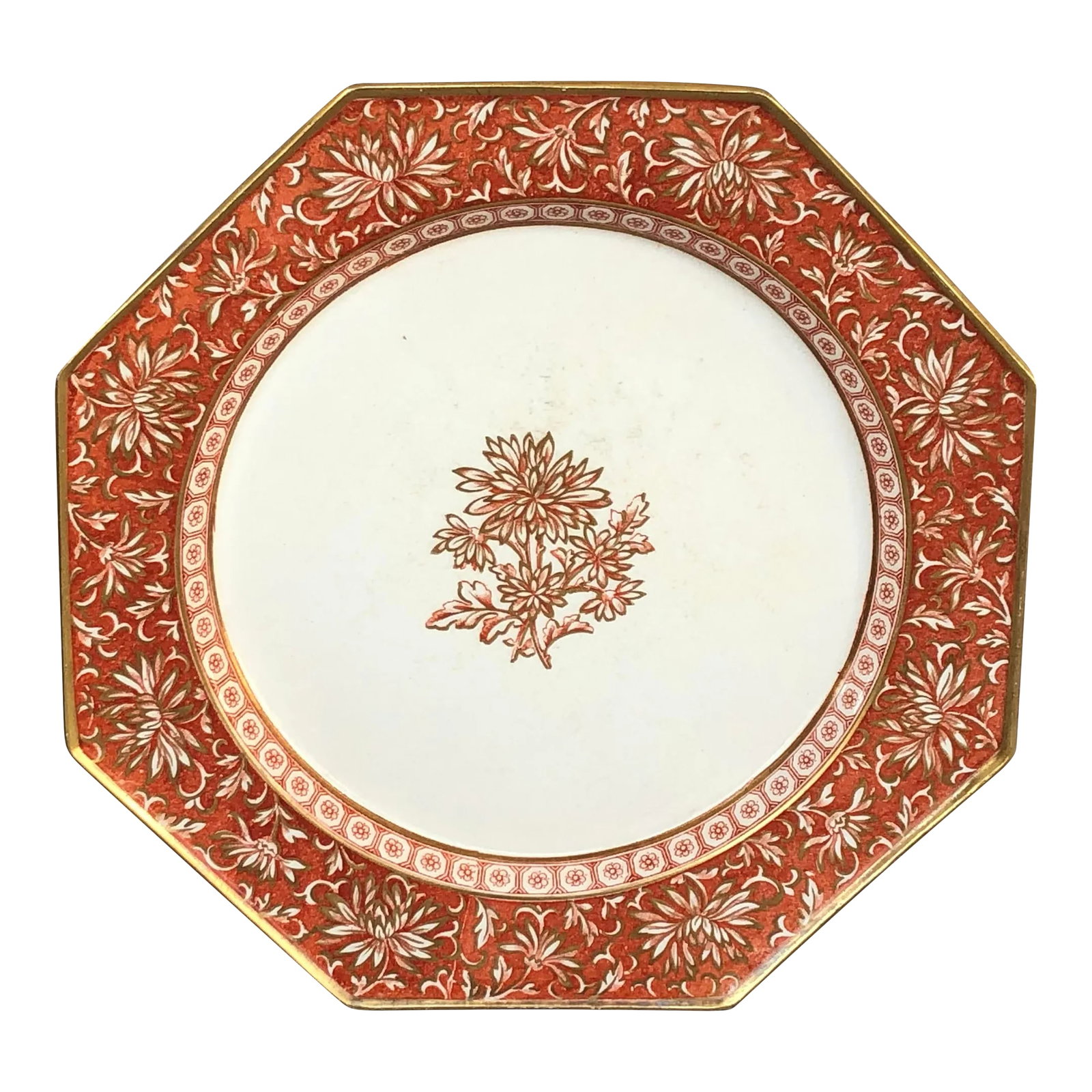 Antique Minton China Hexagonal Decorative Plate: This antique Minton china plate in their Chrysanthemum pattern is a rare and beautiful find from the Victorian Aesthetic Period. Expertly hand painted in a rich shade of burnt orange with gold accents