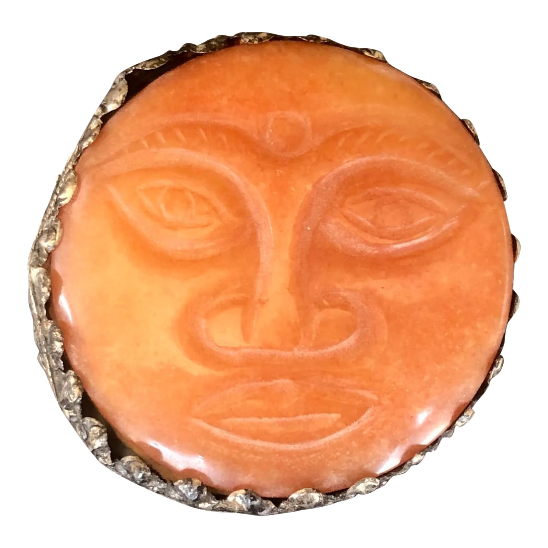 Decorative Carved Buddha Face Trinket Box: Made in the style of a Chinese shard box, this small metal trinket box has a hand-carved stone Buddha face mounted on the lid. An interesting and unusual decorative box, the Buddha is depicted with ey