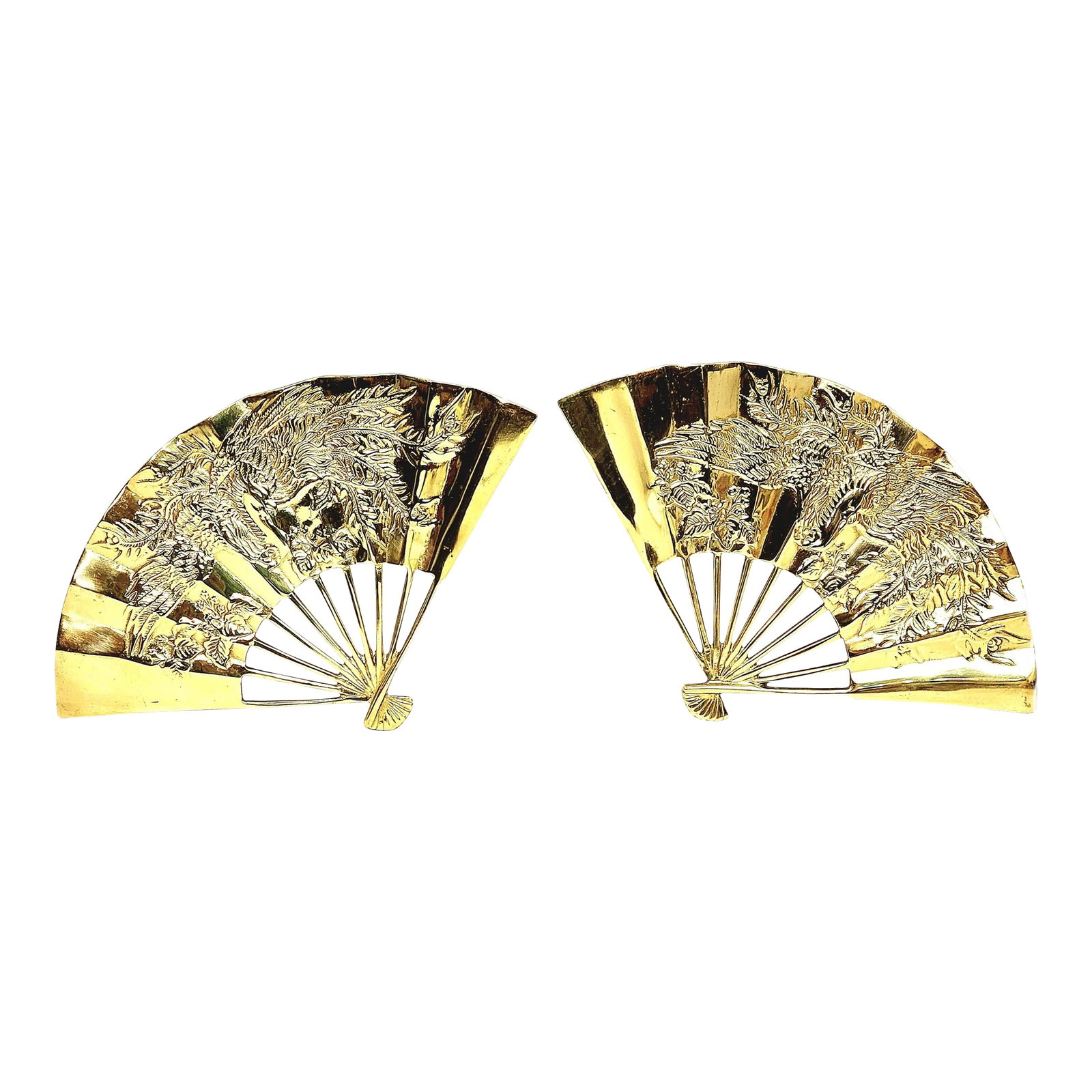 Pair of Vintage 1960s Brass Chinese Phoenix Bird Dragon Hand Fan: An extremely well crafted pair of Asian\Chinese Brass hand fans that are pre-equipped with hardware for hanging. These fans remain a very bright brassy yellow even though they were made in the late