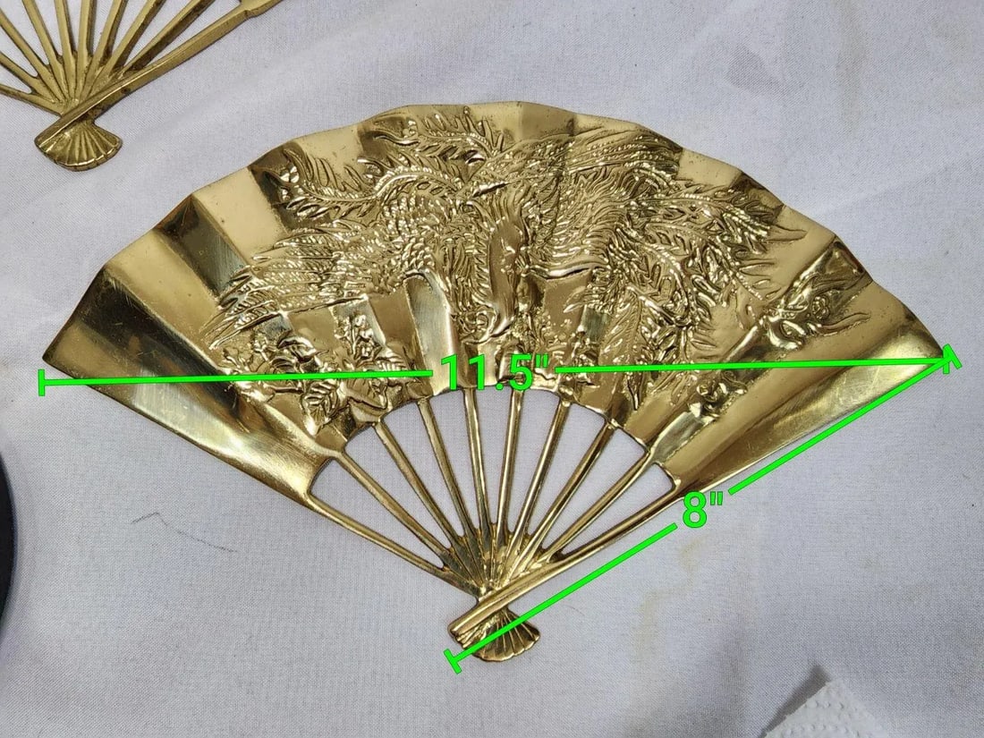 Pair of Vintage 1960s Brass Chinese Phoenix Bird Dragon Hand Fan - 4
