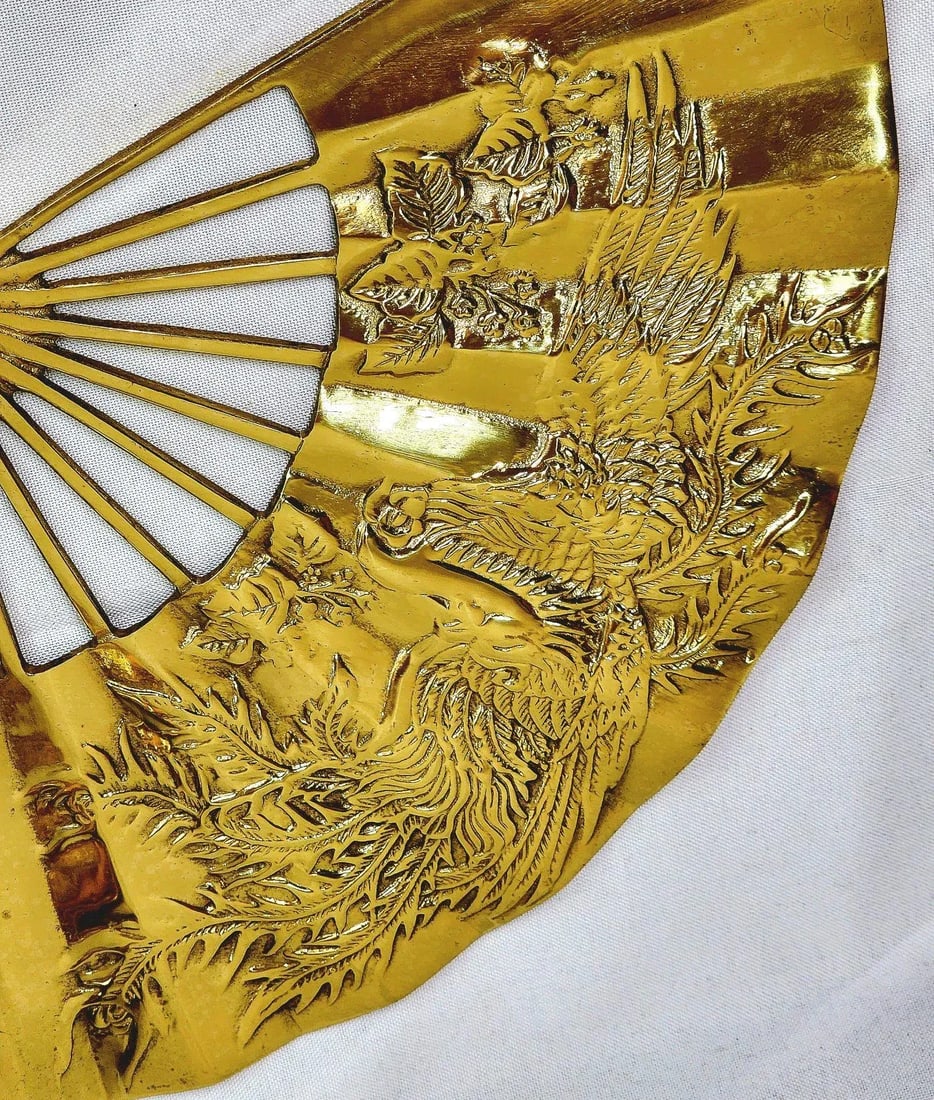 Pair of Vintage 1960s Brass Chinese Phoenix Bird Dragon Hand Fan - 5