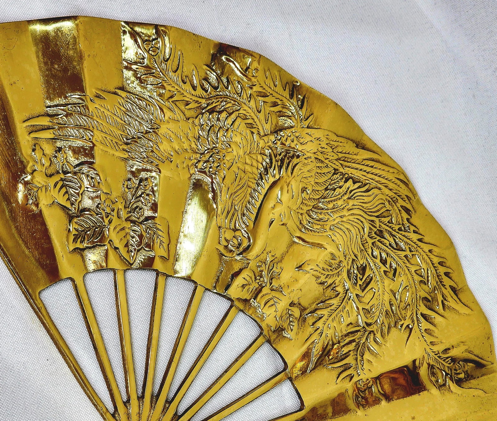 Pair of Vintage 1960s Brass Chinese Phoenix Bird Dragon Hand Fan - 8