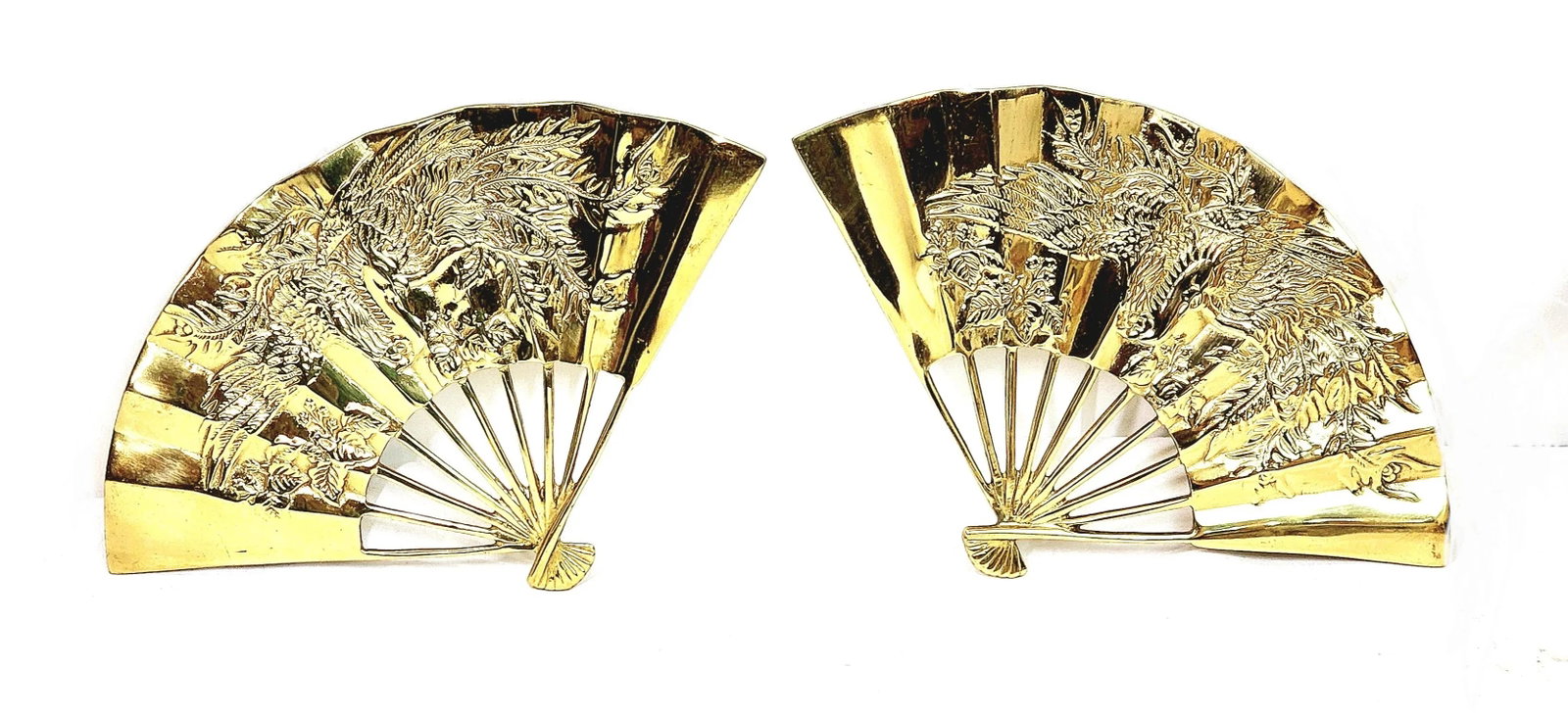 Pair of Vintage 1960s Brass Chinese Phoenix Bird Dragon Hand Fan - 9
