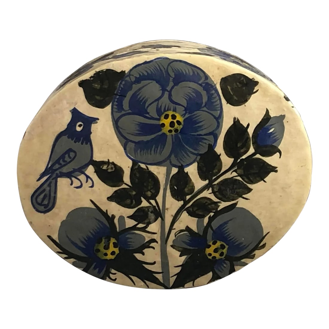 Decorative Paper Mache Lacquerware Box: Stash something special in this sweet little paper mache lacquerware trinket box. Hand painted with a blue bird and roses, the tiny box can be used to hold a ring on a bedroom dresser or to stylishly