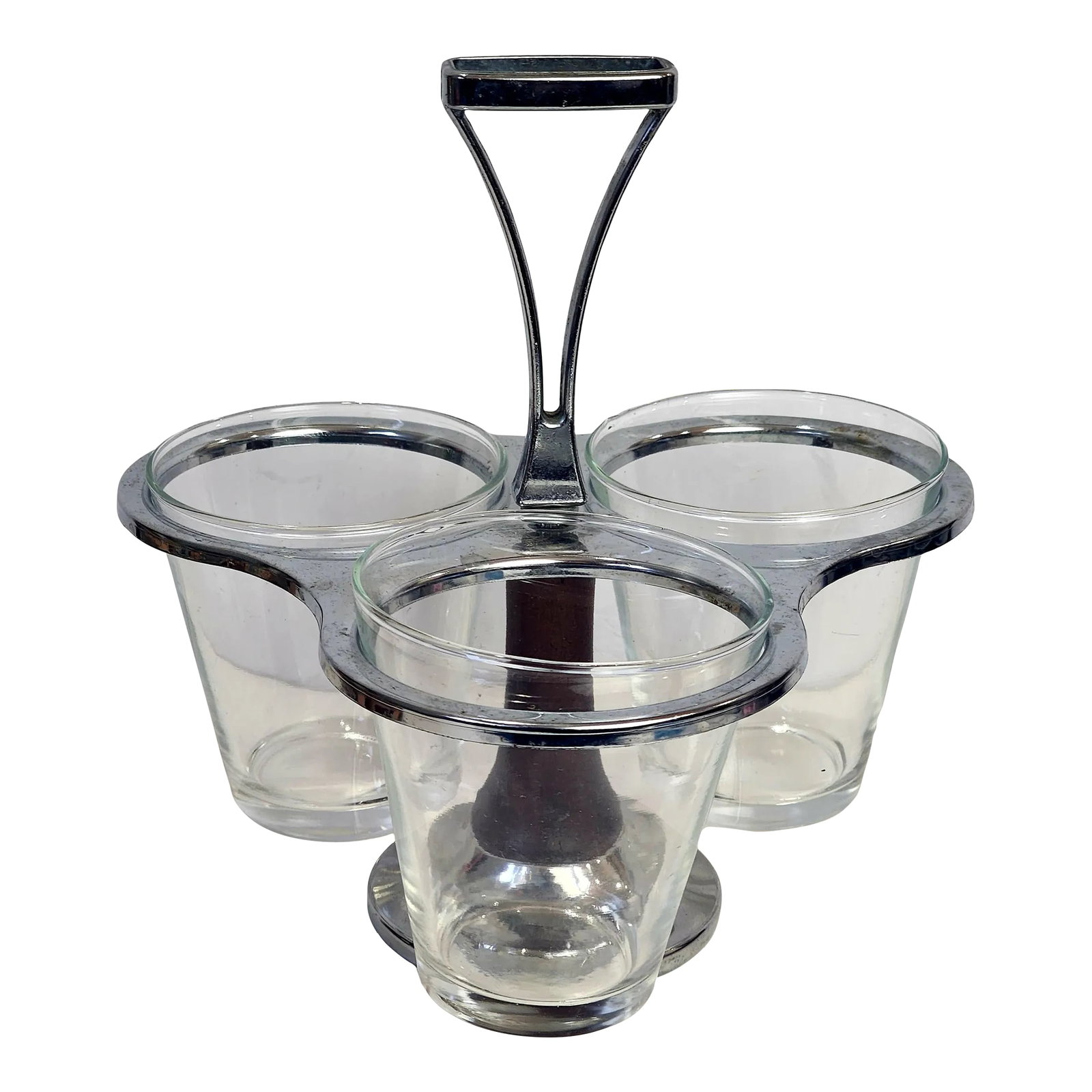 1960s MCM Condiment Serving Set: Stainless steel and wood come together to create this MCM hostess serving spin tray for condiments It's in its original untouched form. Circa 1960s Condition: Alterations: Original Condition