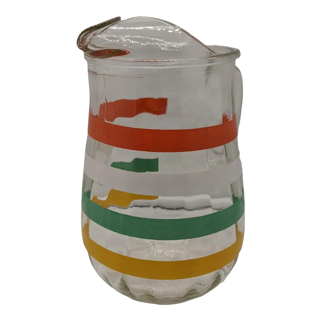 Vintage Anchor Hocking Multi Colored Stripe Pitcher Juice Pitcher Urn Ewer: Vintage Anchor Hocking Multi Colored Stripe Pitcher Juice Pitcher Urn Ewer. Wonderful retro/ vintage Anchor Hocking. Perfect for juice, water, even tea! Clear with green, yellow, red, white stripes.