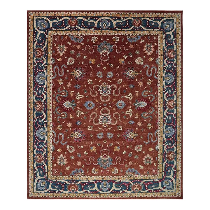 Handwoven Heriz Style Area Rug 11'10" X 14'5'': ACTUAL SIZE: 11'10" x 14'5'' PRIMARY COLOR: Red / Blue AGE: New ORIGIN: Pakistan MATERIALS: Wool FOUNDATION: Cotton PRODUCTION: Handwoven, Knotted Pile CONDITION: Excellent Condition: Imperfections: