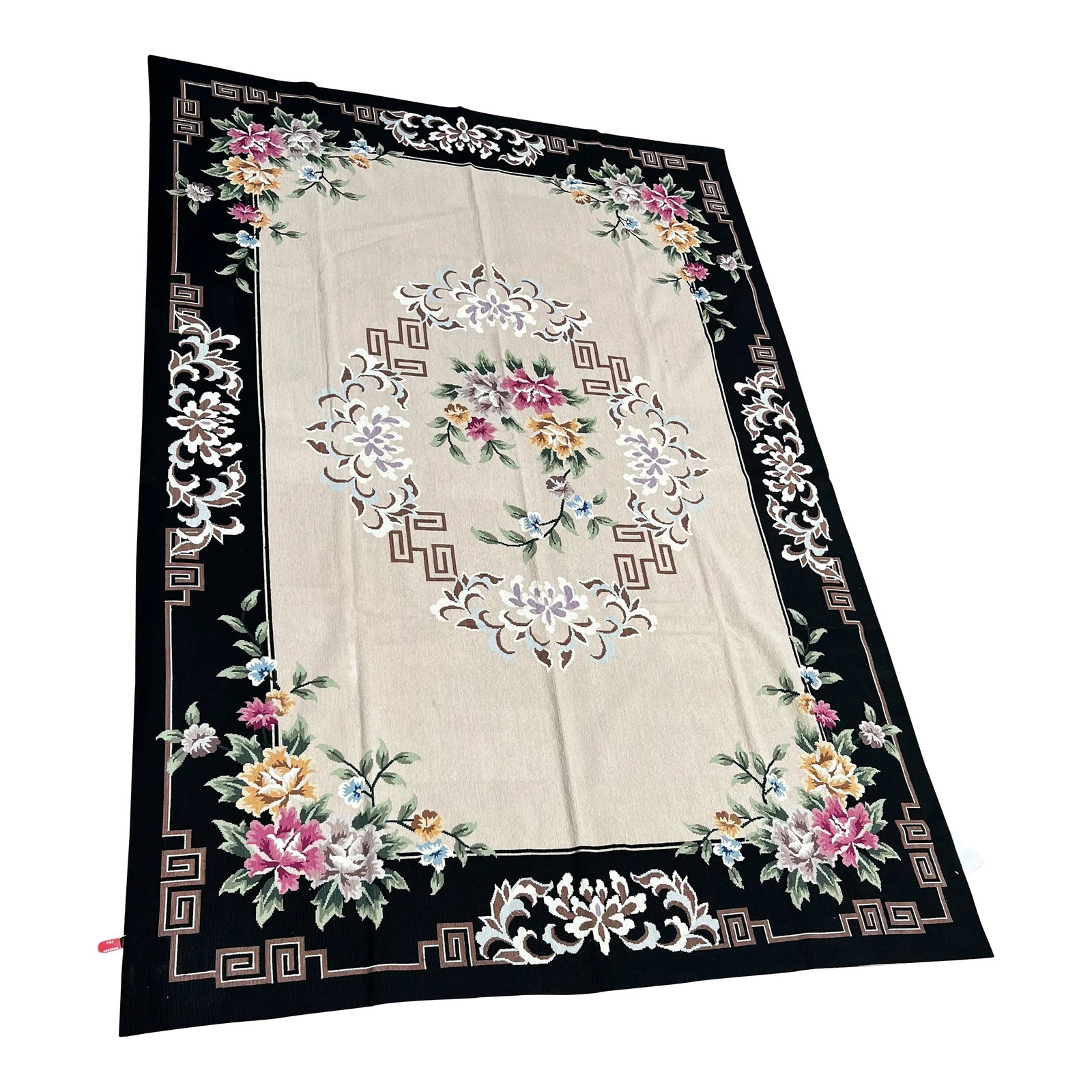 Early 21st Century Handwoven French Style Needlepoint Rug 6'0" X 9'0": ACTUAL SIZE: 6'0" X 9'0" PRIMARY COLOR: Ivory, Black AGE: New ORIGIN: China MATERIALS: Wool FOUNDATION: Cotton PRODUCTION: Handwoven, Knotted Flatweave CONDITION: Excellent Condition: Imperfections: