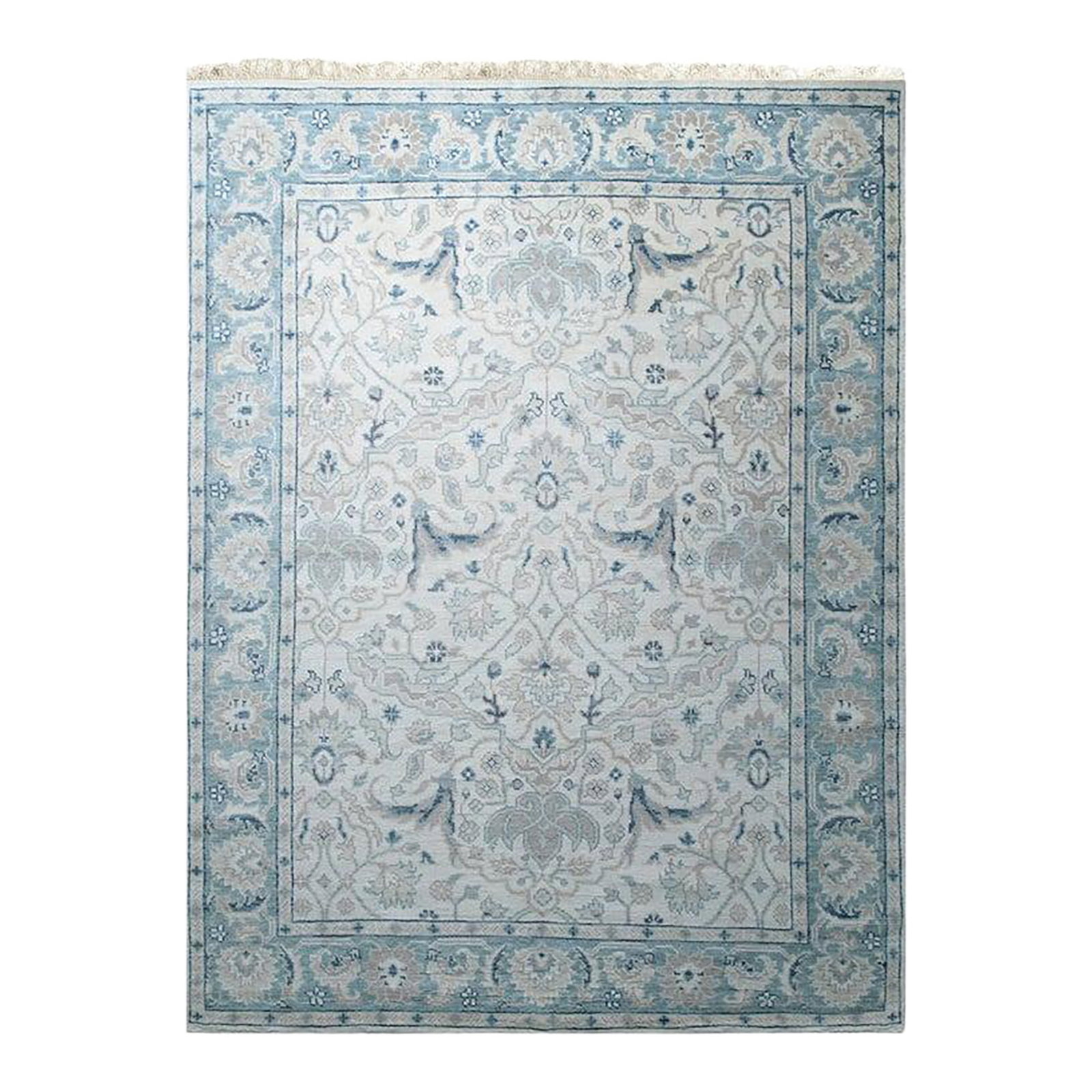8x10 Ivory Hand-Knotted Wool Serene Floral Symmetry Traditional Carpet Rug: This hand knotted pile rug features a classic traditional design rendered in a soft palette of ivory, beige, cream, and white. Crafted from natural wool, this floor covering exemplifies the Sarouk