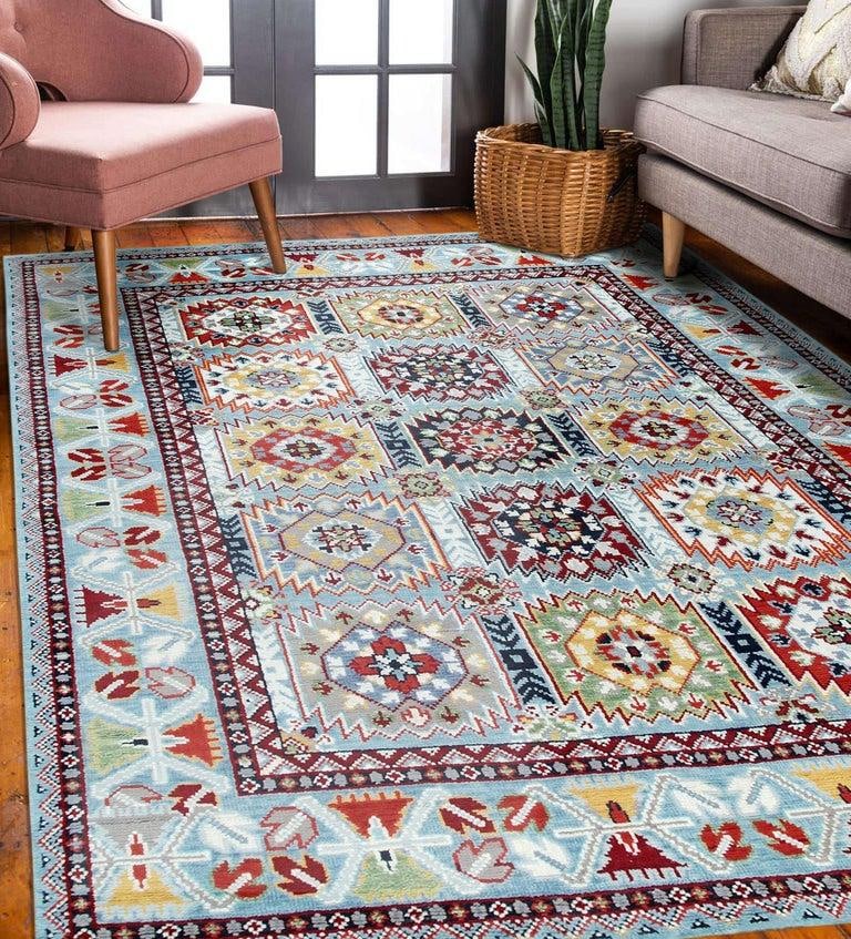8x10 Blue Hand-Knotted Wool Jeweled Medallion Classic Traditional Carpet Rug - 4