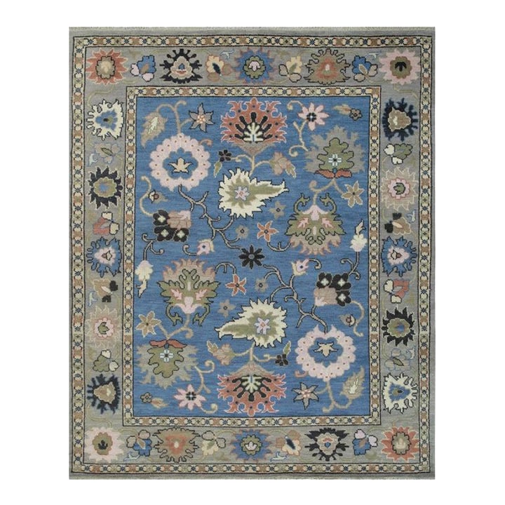 8x10 Blue Hand-Knotted Wool Floral Abundance Classic Traditional Carpet Rug: This blue wool rug features a hand knotted pile weave and is designed in the Nain style. It displays a classic traditional allover pattern that covers the entire surface of the rug. Produced in