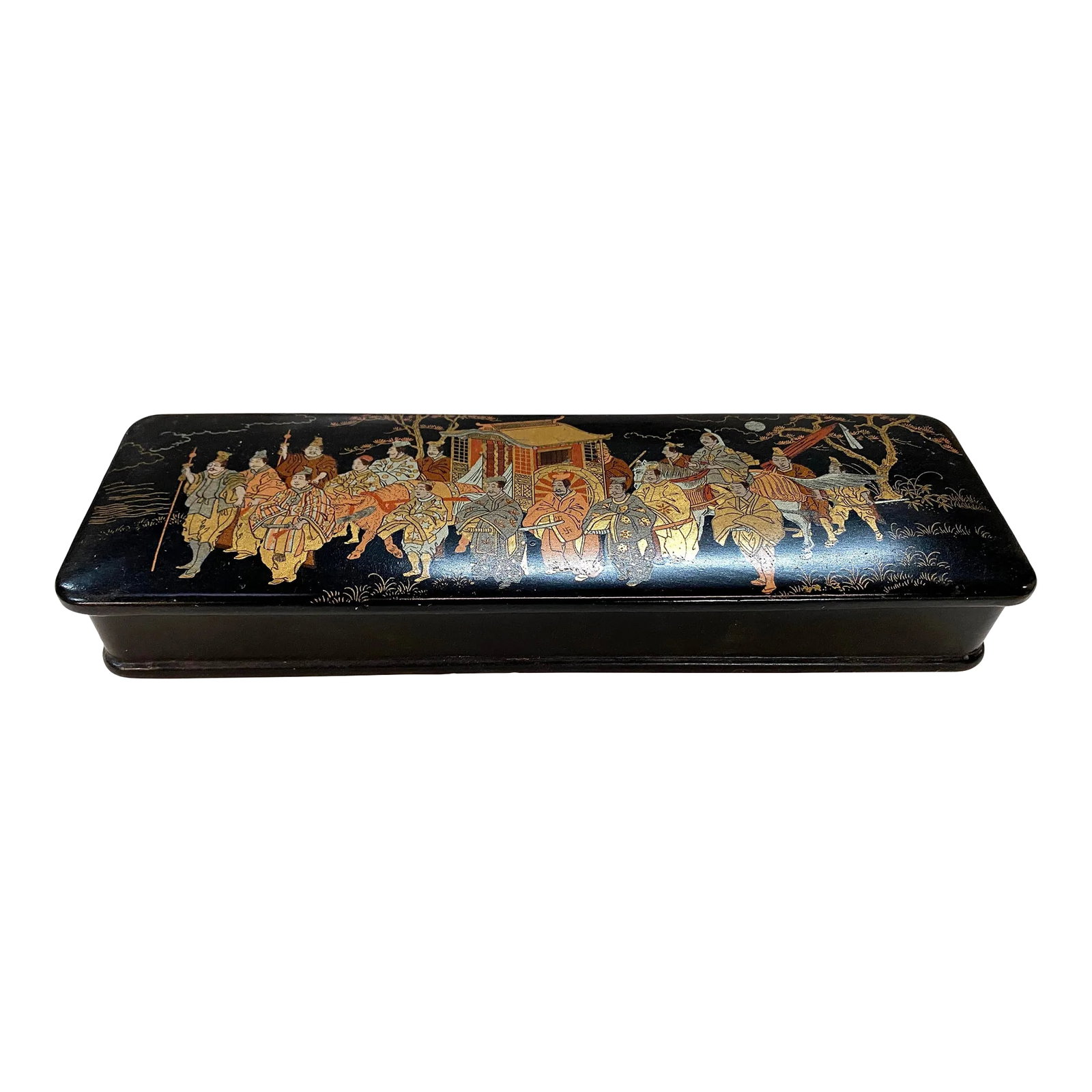 Vintage Japanese Black, Gold and Red Lacquer Document Fubako Box: Black, Gold and Red Lacquer Japanese Document Fubako Box, late 19th C/Early 20th C. A Japanese lacquer box featuring hand decorated gold paint depicting scholars and samurai walking in a royal