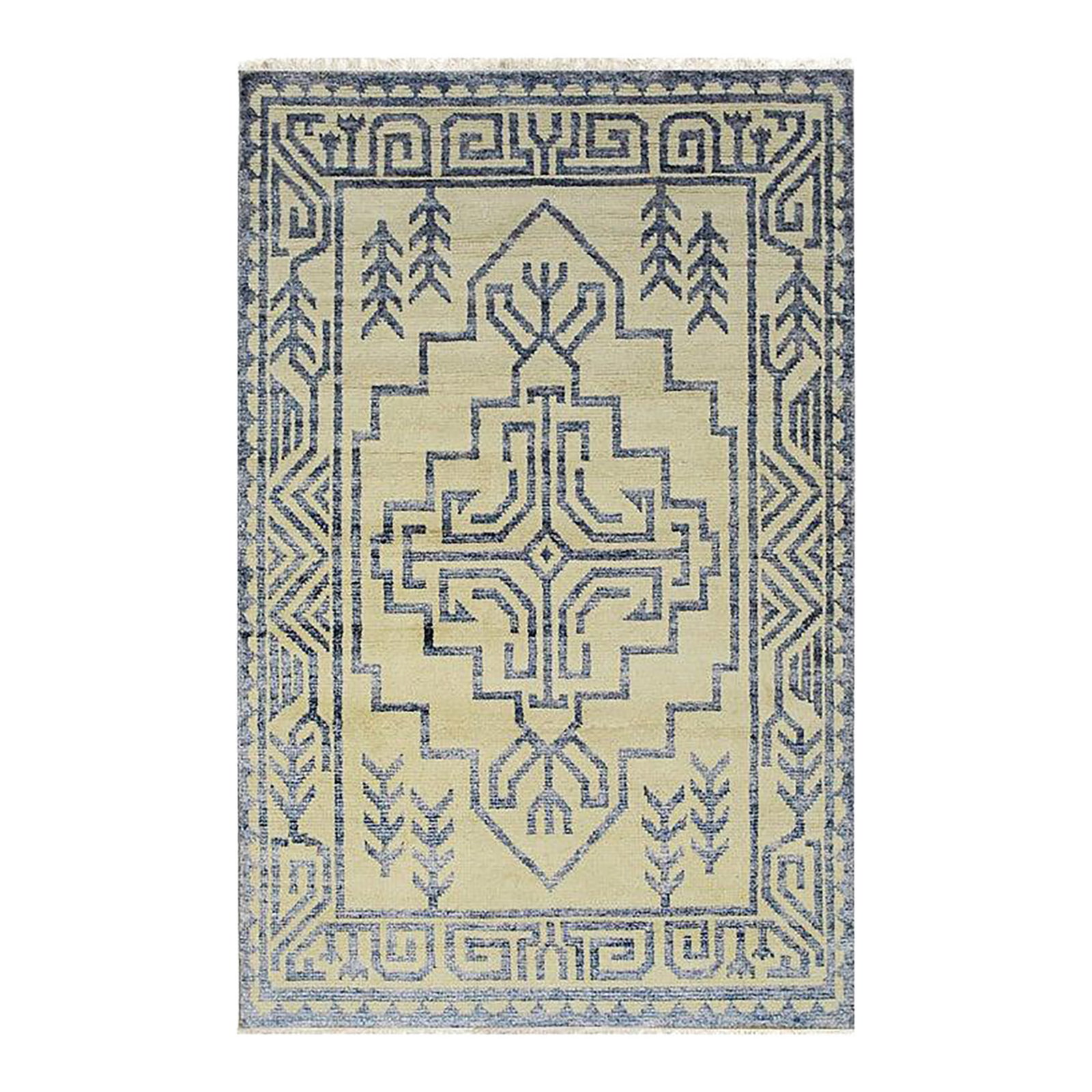 6x9 Ivory Hand-Knotted Wool Bamboo Silk Abstract Tree Motifist Design Carpet Rug: This hand knotted pile rug features a primary color palette of ivory, beige, cream, and white. Constructed from a premium blend of wool and bamboo silk, it offers a medium pile thickness that