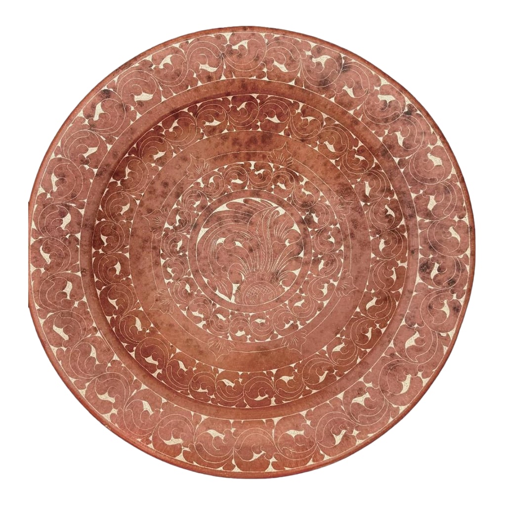 Monumental Sasak Burnished Terracotta Bowl, Lombok - Hand-Incised Scrollwork, Late 20th Century: A large and beautifully executed burnished terracotta bowl from Lombok, attributed to Sasak artisans known for their refined surface work and traditional firing techniques. The interior is densely