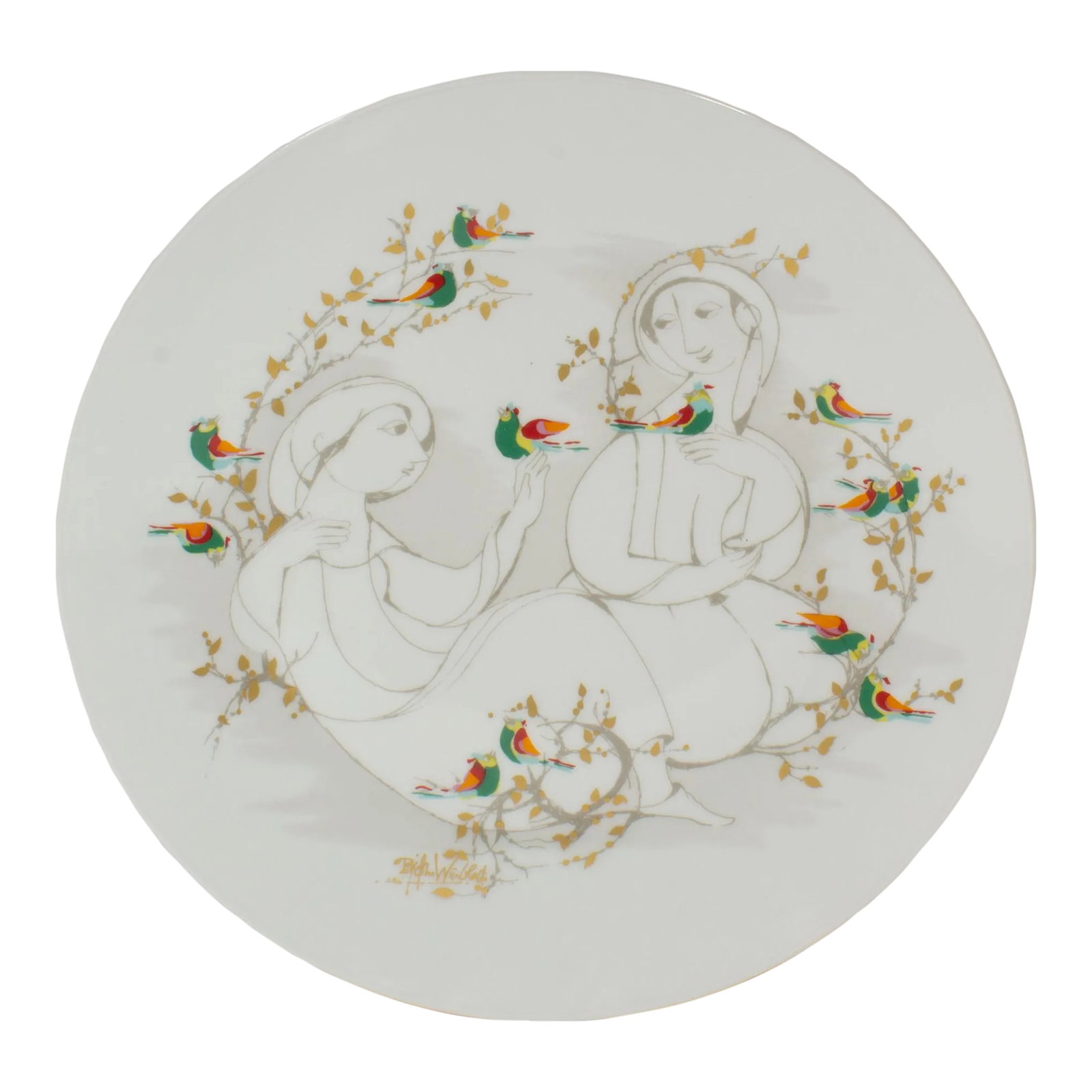Bjorn Wiinblad Rosenthal Studio Line Porcelain Wall Plate: A Rosenthal Studio Line porcelain plate with design by the Danish artist and designer Bjorn Wiinblad (1918-2006). Two robed figures are depicted casually enjoying a natural setting. Leaved branches