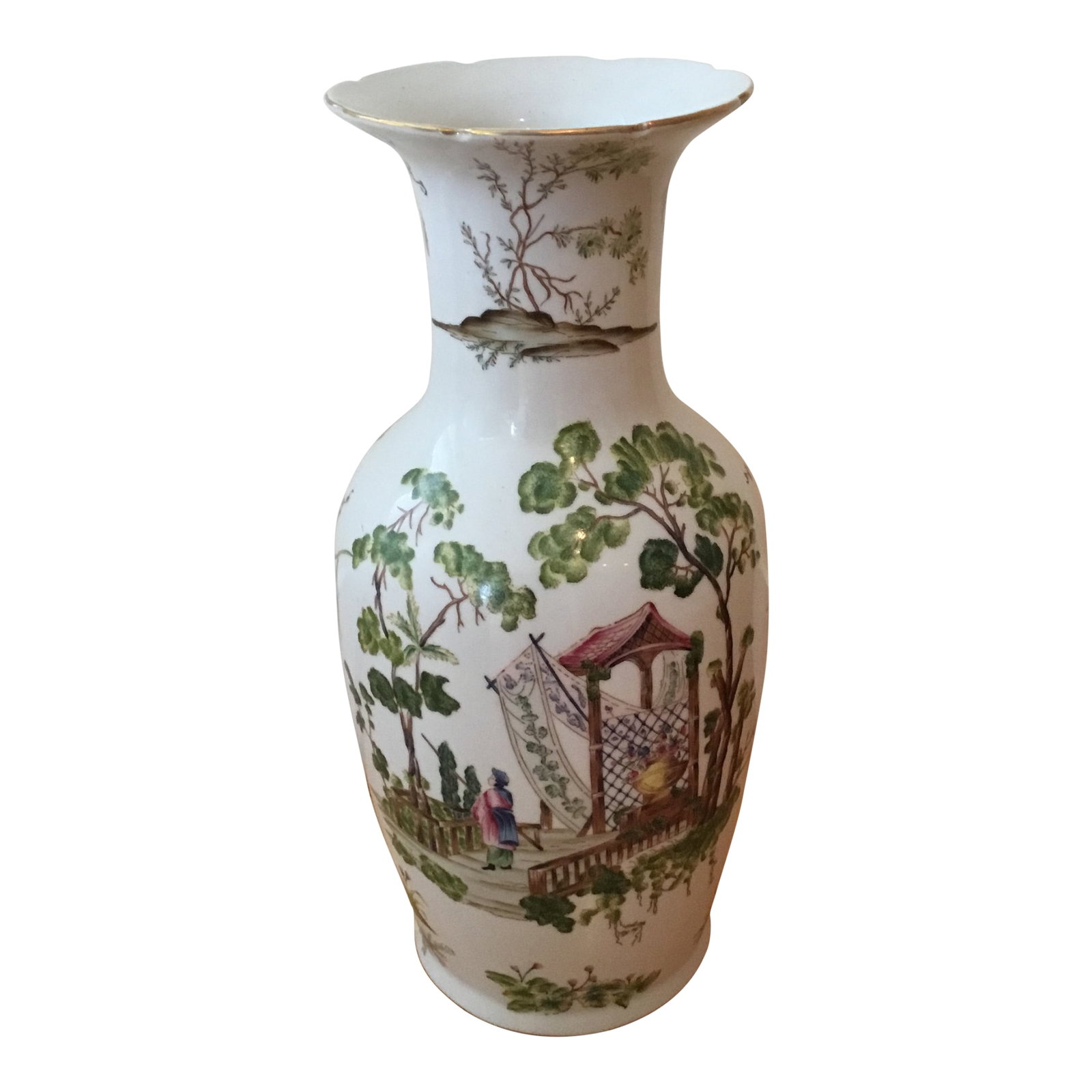 Chinoiserie Ceramic Tall Vase: This is a gorgeous vase. It is hand painted and the colors are vivid and stunning. There is a gold rim at the top and bottom of the vase. This vase looks great in so many rooms. Use it on a pedestal