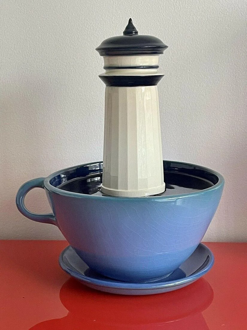 1994 Surrealist Studio Art Pottery Sculpture Lighthouse in a Coffee Cup - 2