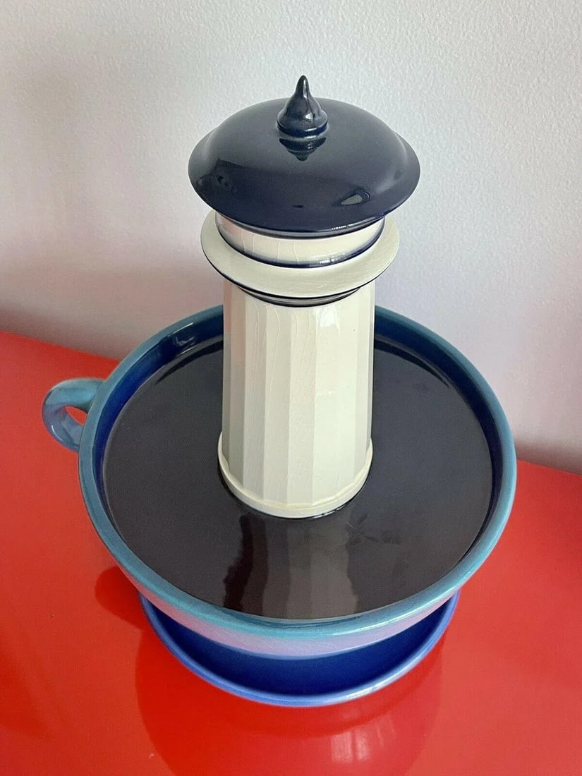1994 Surrealist Studio Art Pottery Sculpture Lighthouse in a Coffee Cup - 3