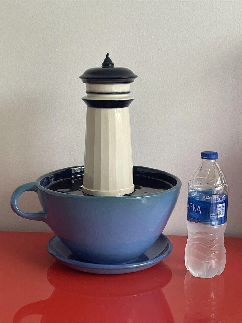 1994 Surrealist Studio Art Pottery Sculpture Lighthouse in a Coffee Cup - 6