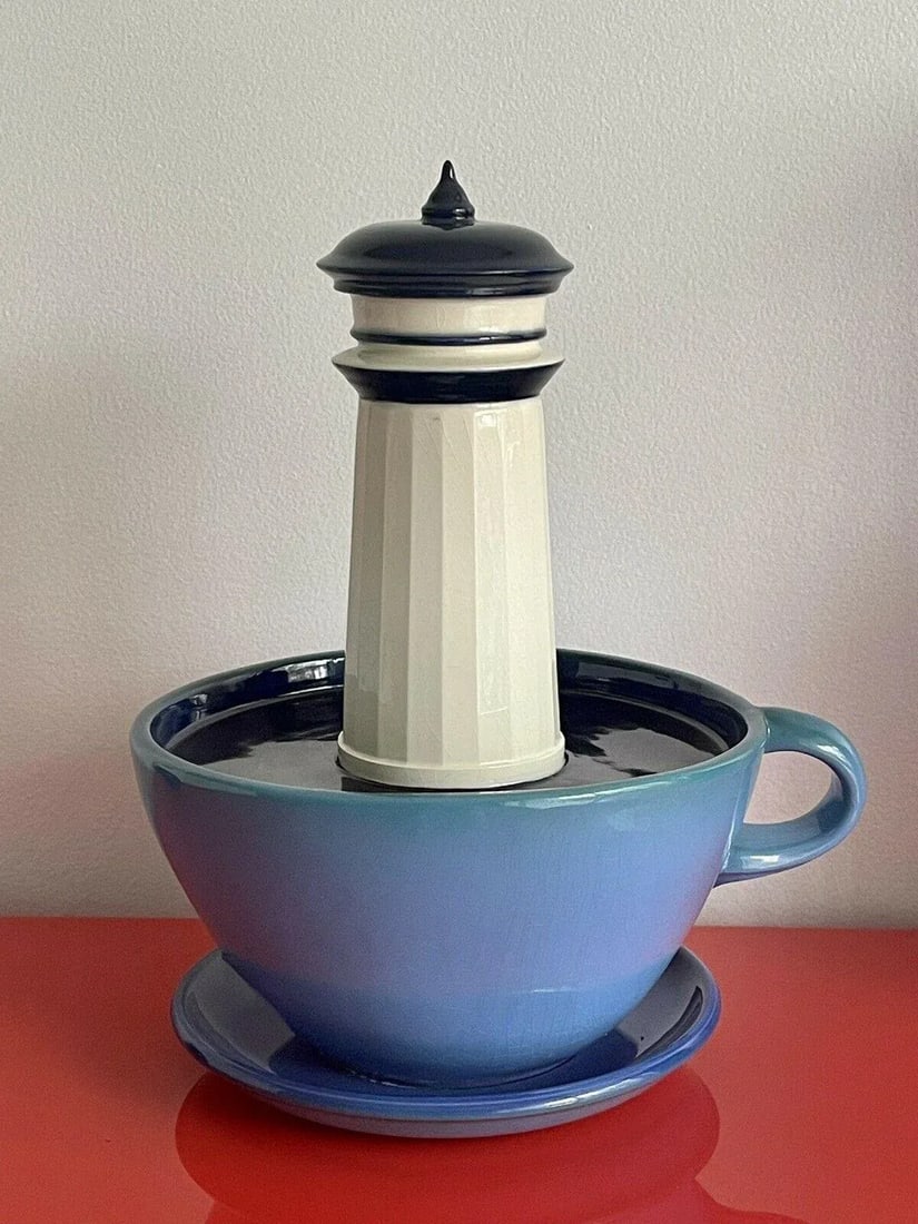 1994 Surrealist Studio Art Pottery Sculpture Lighthouse in a Coffee Cup - 7