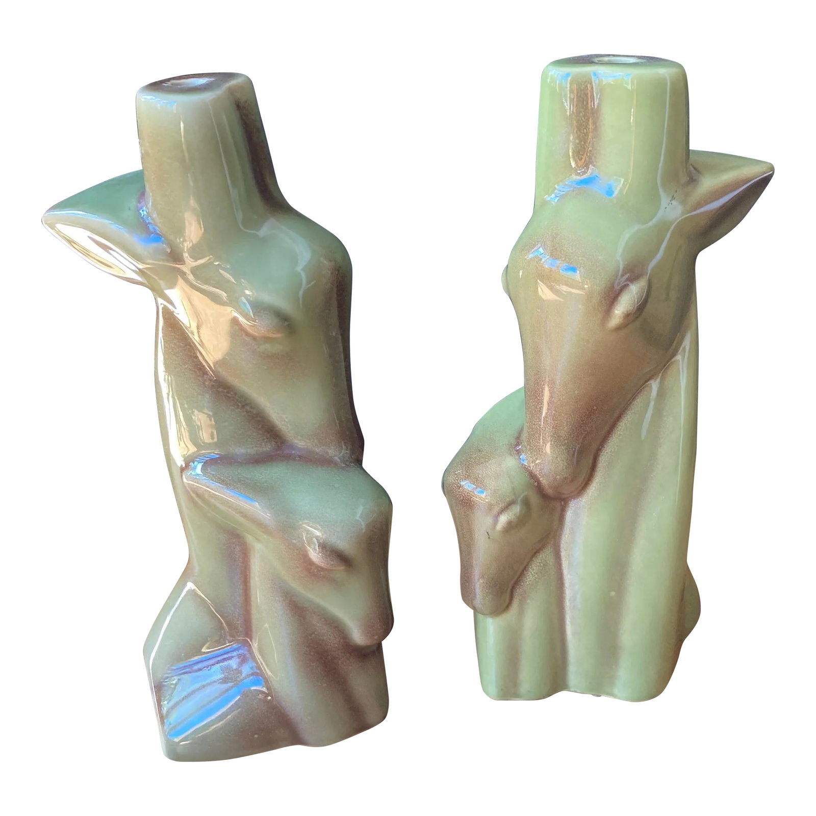 Mid-Century Modern Olive Green Ceramic Gazelle Antelope "Mom + Baby" Lamp Bases - a Pair: Pair of Mid Century Modern Olive green ceramic GAZELLE Antelope "mom + baby" Lamp base / statue : 12" x 6" x 5" 3.5lbs Unmarked Bases only no hardware or cables Very good vintage used. Clean. Ceramic