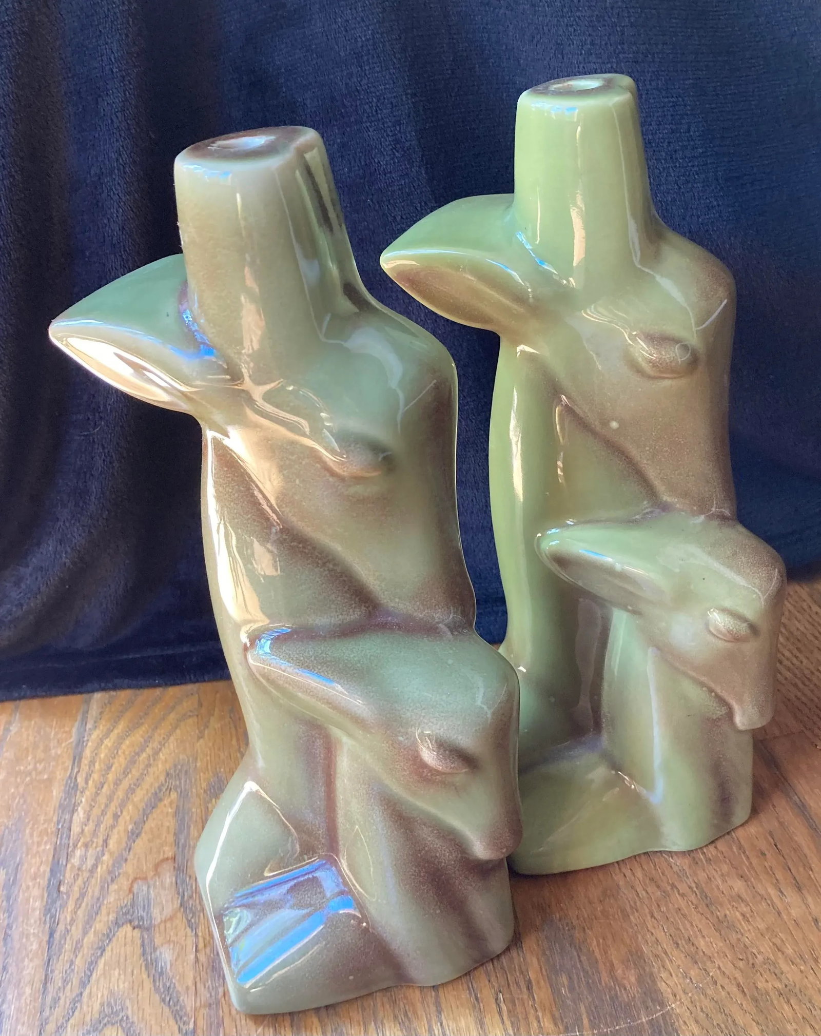 Mid-Century Modern Olive Green Ceramic Gazelle Antelope "Mom + Baby" Lamp Bases - a Pair - 2