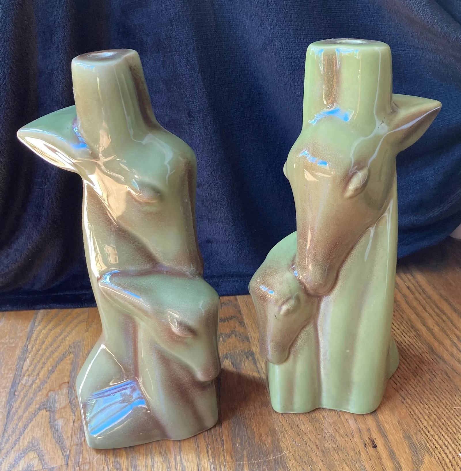 Mid-Century Modern Olive Green Ceramic Gazelle Antelope "Mom + Baby" Lamp Bases - a Pair - 8