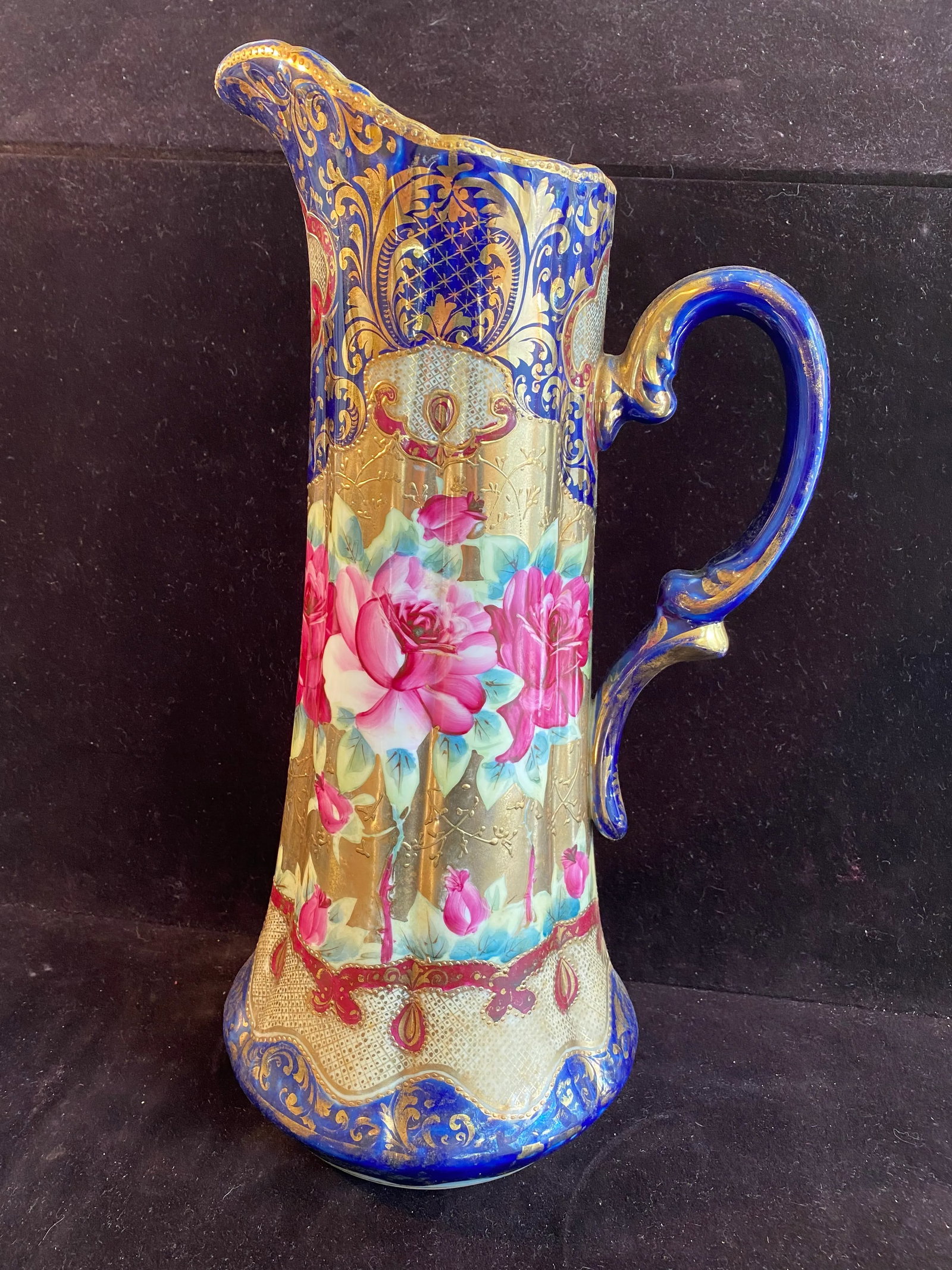 Late 19th Century Nippon Large Ewer Pitcher Cobalt Hand Painted - 11