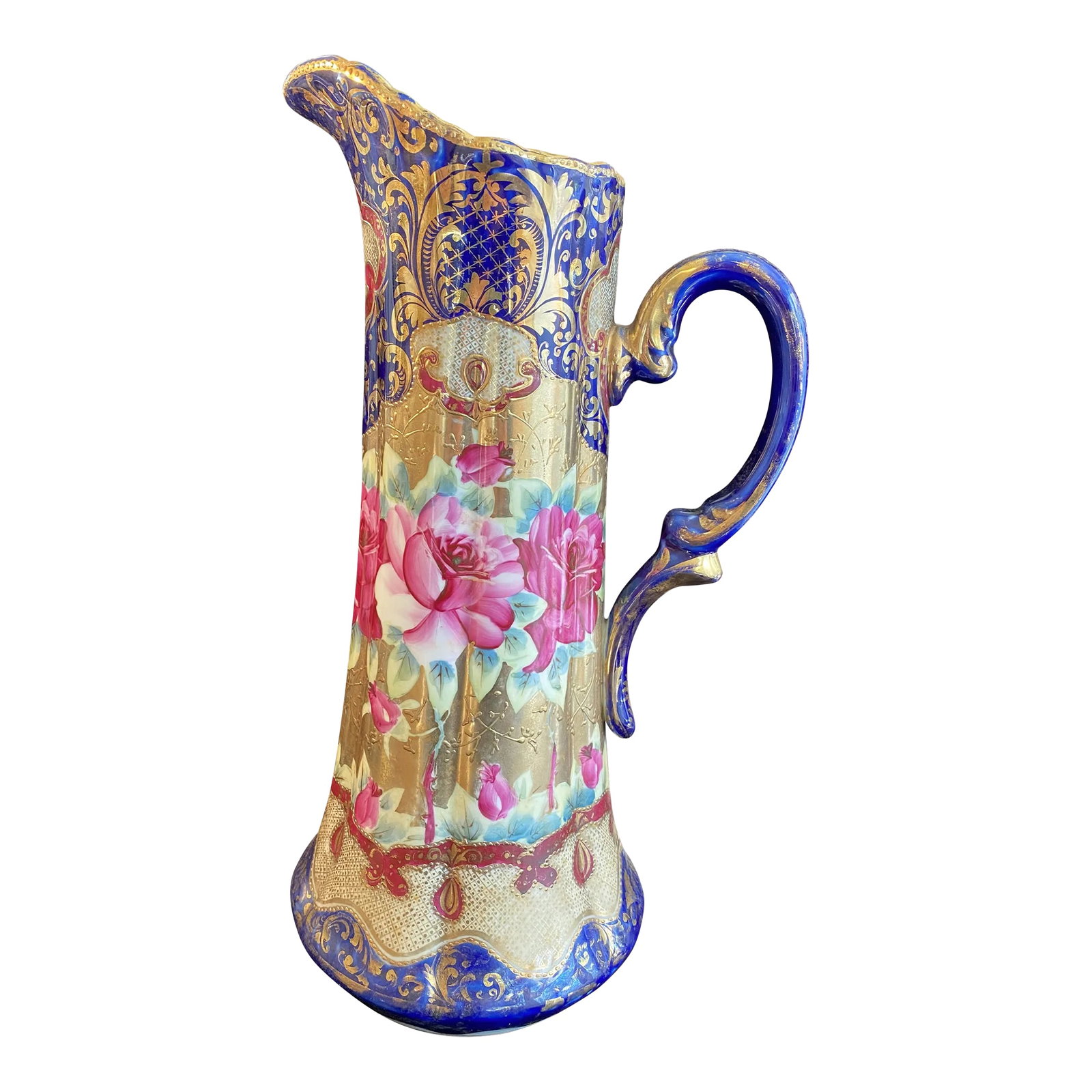 Late 19th Century Nippon Large Ewer Pitcher Cobalt Hand Painted: Beautiful Nippon ewer / pitcher / vase. Cobalt blue with pink flowers and gilt accents. Great condition. Great eye catcher for any home. ITEM ID- 7clai c 4174 Condition: Alterations: Original