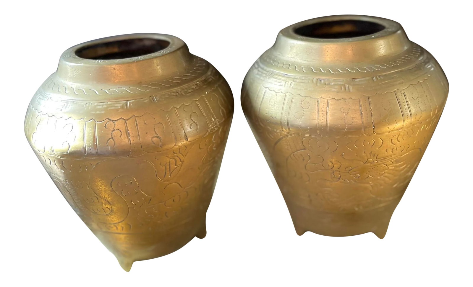 Early 20th Century Foo Dog Etched Vases - a Pair: Stunning antique Chinese vases, each measuring 7" tall x 6" diameter, the opening across top 3" in diameter, they are perfect to display along a mantel for symmetry. Etched around the sides is a