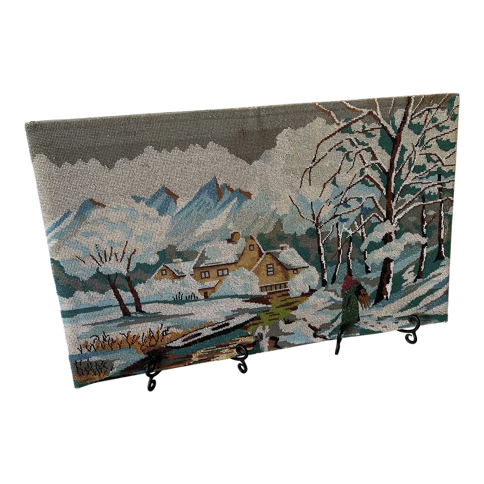 Vintage Victorian Beadwork Scenery: Gorgeous countryside scape of winter in France! Victorian beadwork style artistry! Truly rare piece. Ready for framing. Not really sure when made but seems to be early 1900s. Condition: Alterations: O