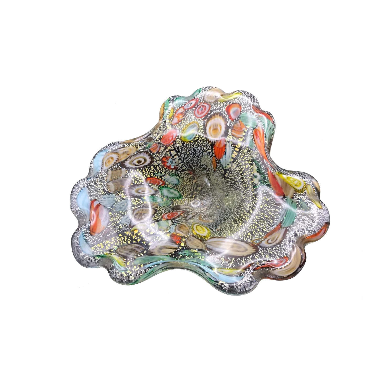 Mid 20th Century Vintage Murano Free Form Millefiori Glass Bowl: he object is a very pretty Murano free form hand blown shallow bowl that contains gold flecks and made from many colorful rods that resulted in the trademark Murano millefiori design. I visited an