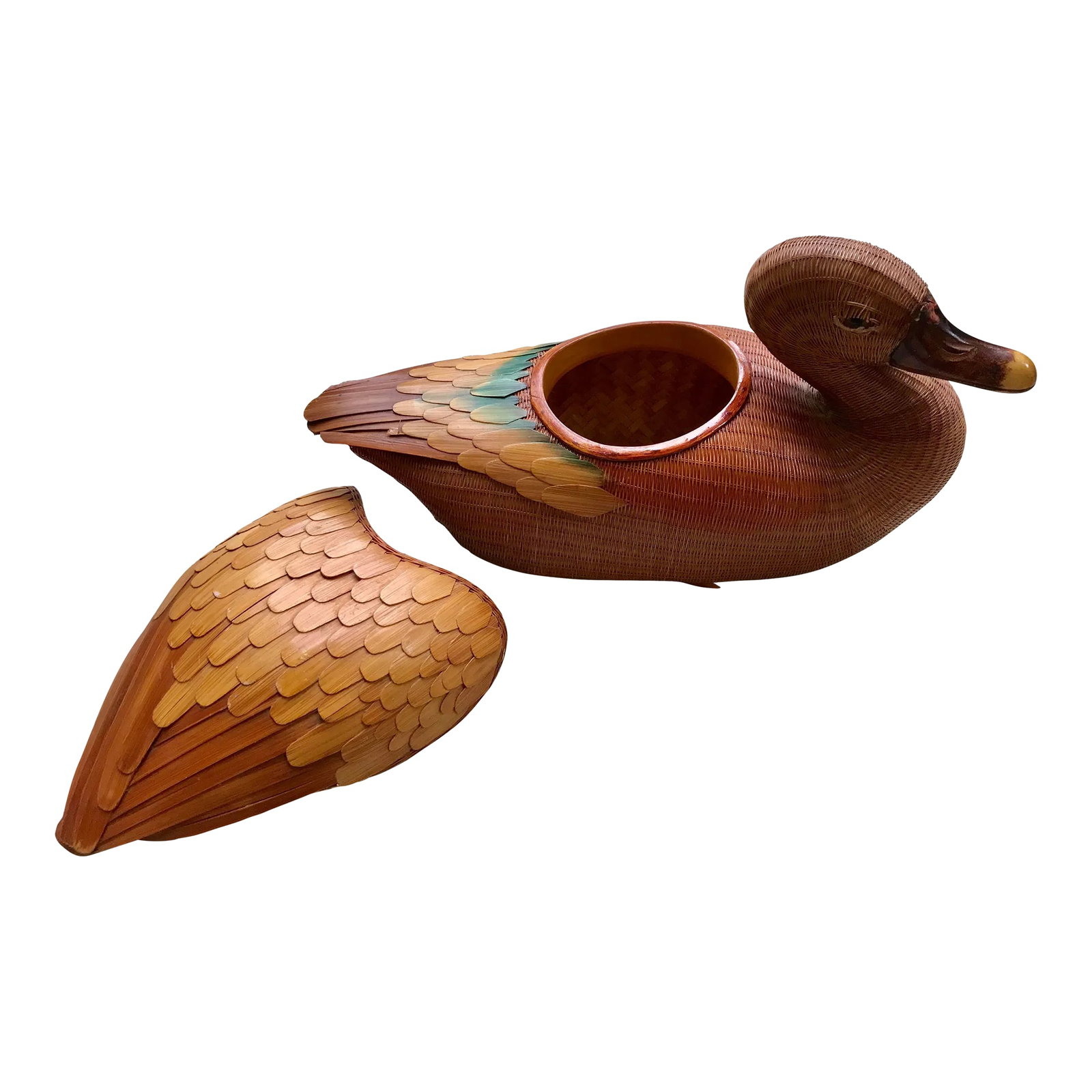 1960s Mid Century Wooden Asian Duck Box: Unusual vintage Asian wood carved duck storage box with secret compartment. Fabulous decor item and stash box all in one in excellent condition and classic American farmhouse style. Condition: