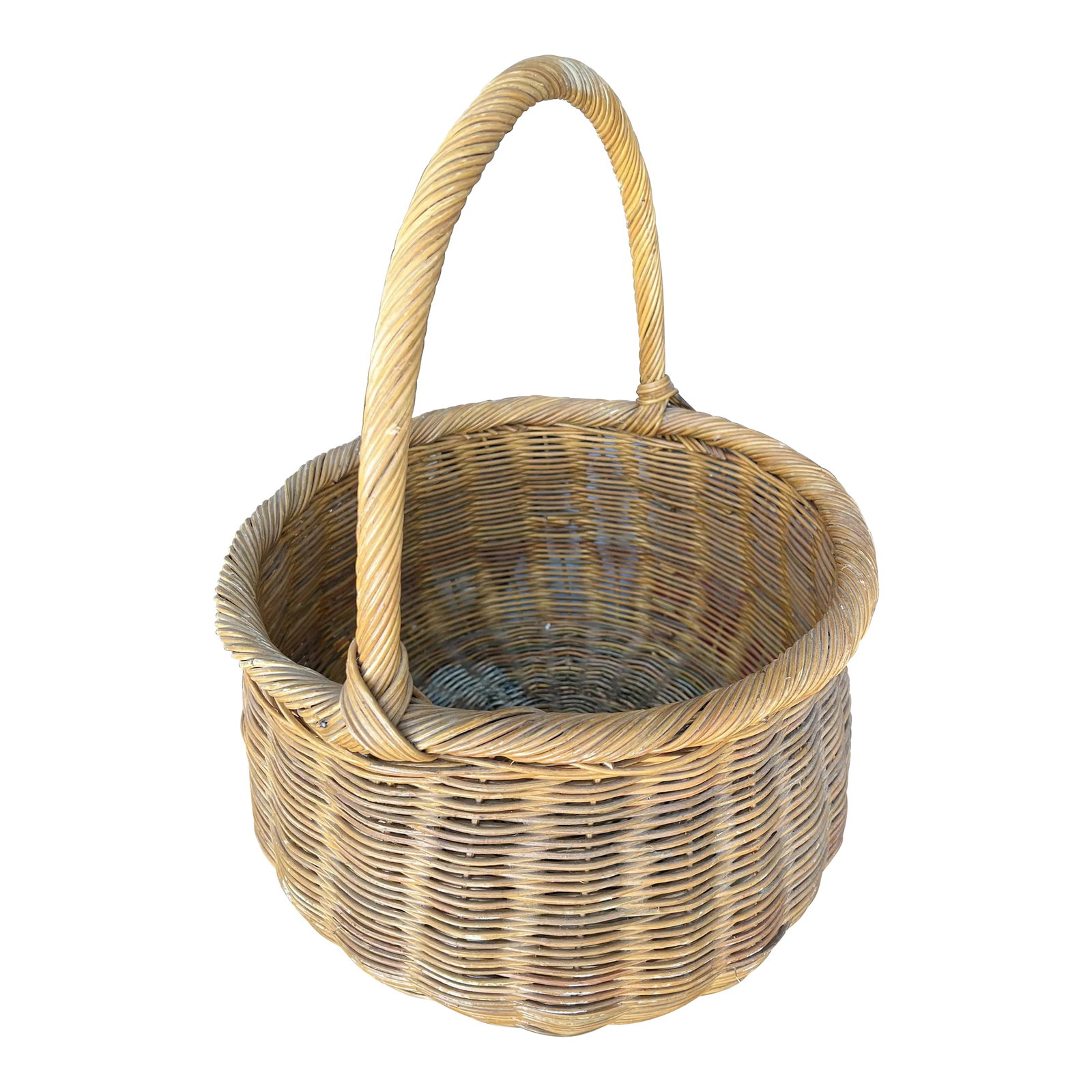 1970s Large Gourd Basket With Handle: A large vintage basket with tapered opening. Shaped as a gourd. This basket will keep the contents in the bottom safe during the a long journey. Great basket for storage or decor Condition: