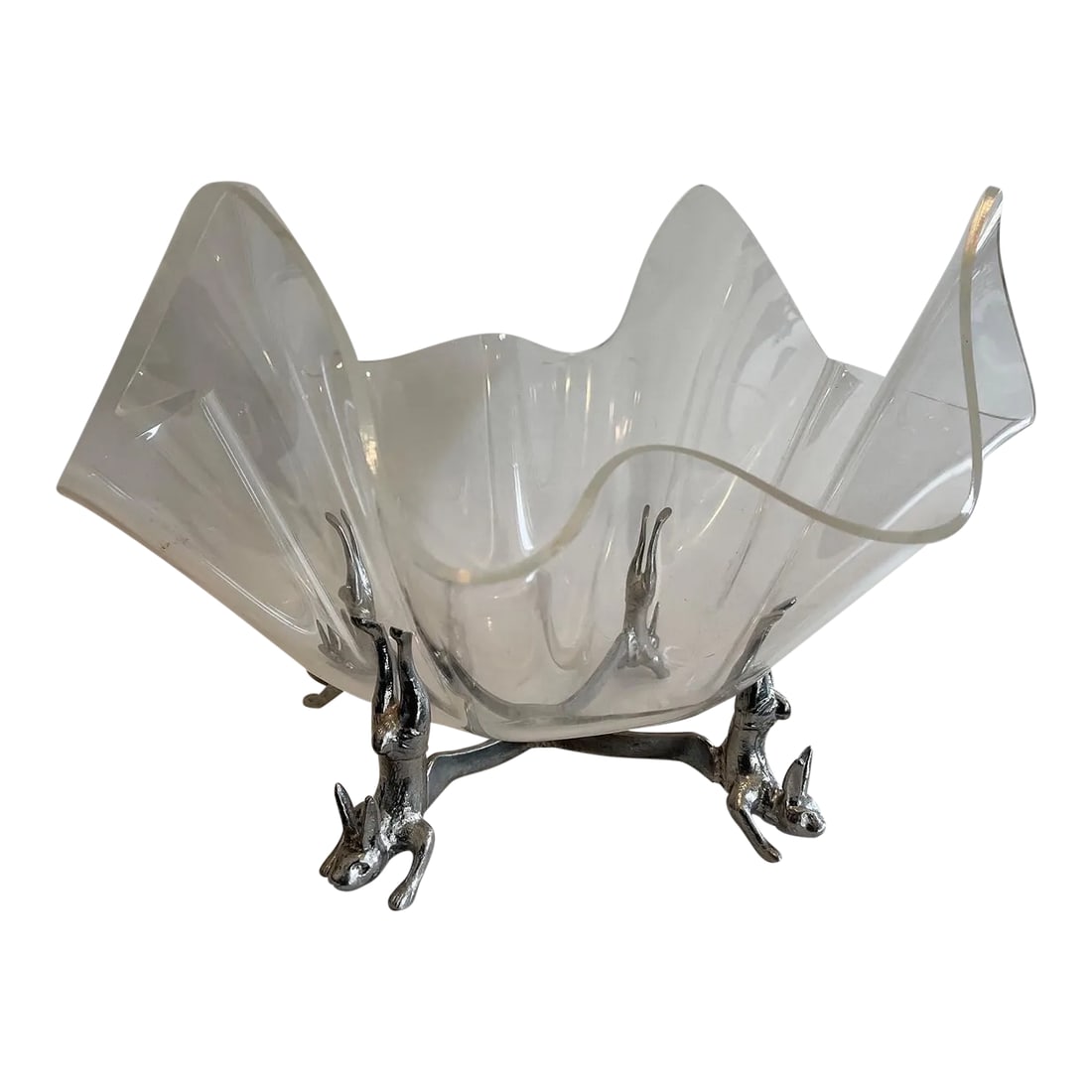 Vintage Arthur Court Acrylic Handkerchief Bowl With Rabbit Stand: Arthur Court Acrylic Handkerchief Bowl with Rabbit Stand Dimensions: 14"W x 10.5"H x 14" D Good condition, scuffs and abrasions to acrylic, primarily on bottom. Minor discoloration of metal base.