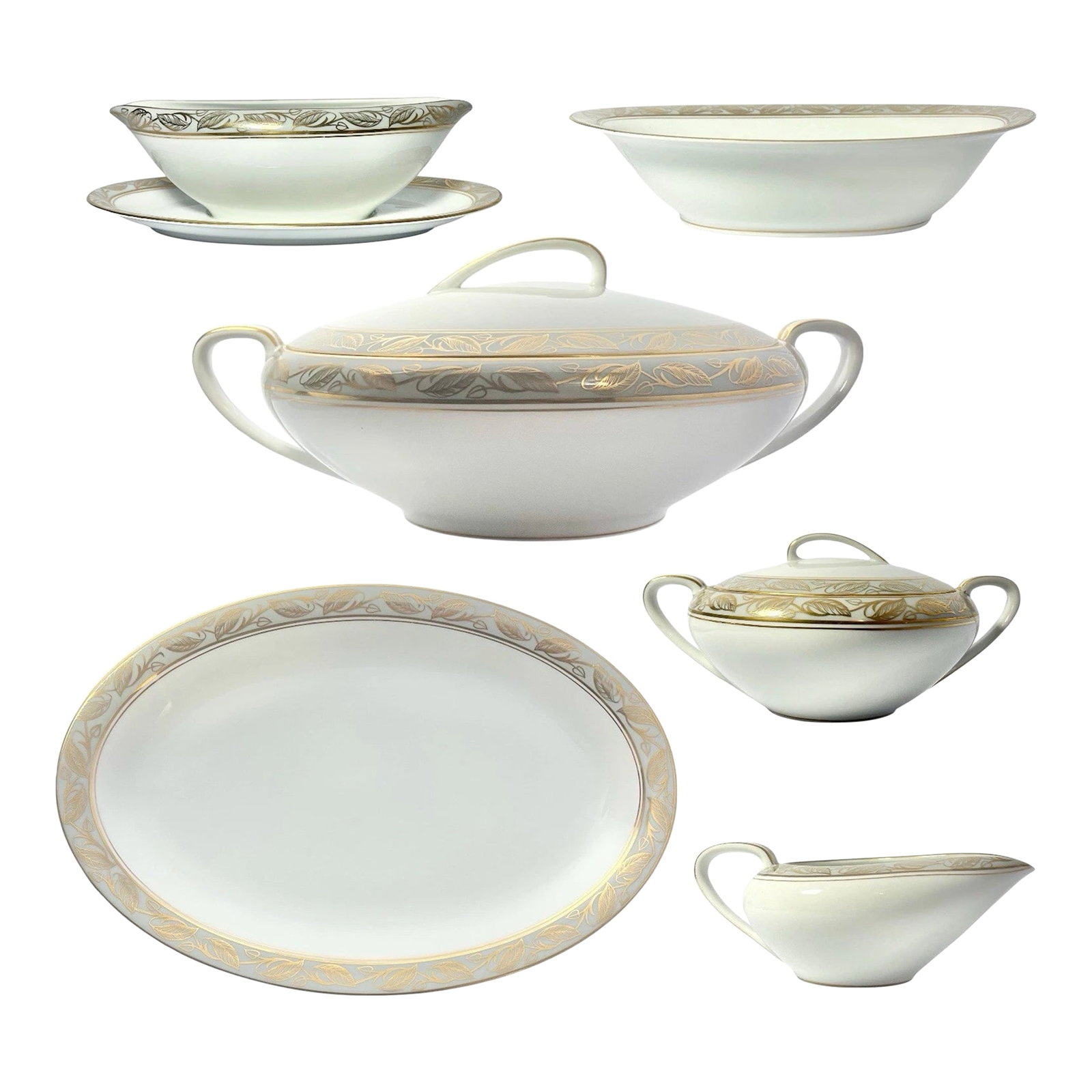 1950s Noritake "Greta" Bone China Serving Hostess Dinnerware Set - 6-Piece: Noritake "Greta" 6-Piece Bone China Serving Hostess Dinnerware Set Good vintage condition. No chips, cracks, or fleabites. Set Includes 1 Creamer 2" 8oz 1 Sugar Bowl & Lid 2 3/8" 1 Oval Platter 12" 1 