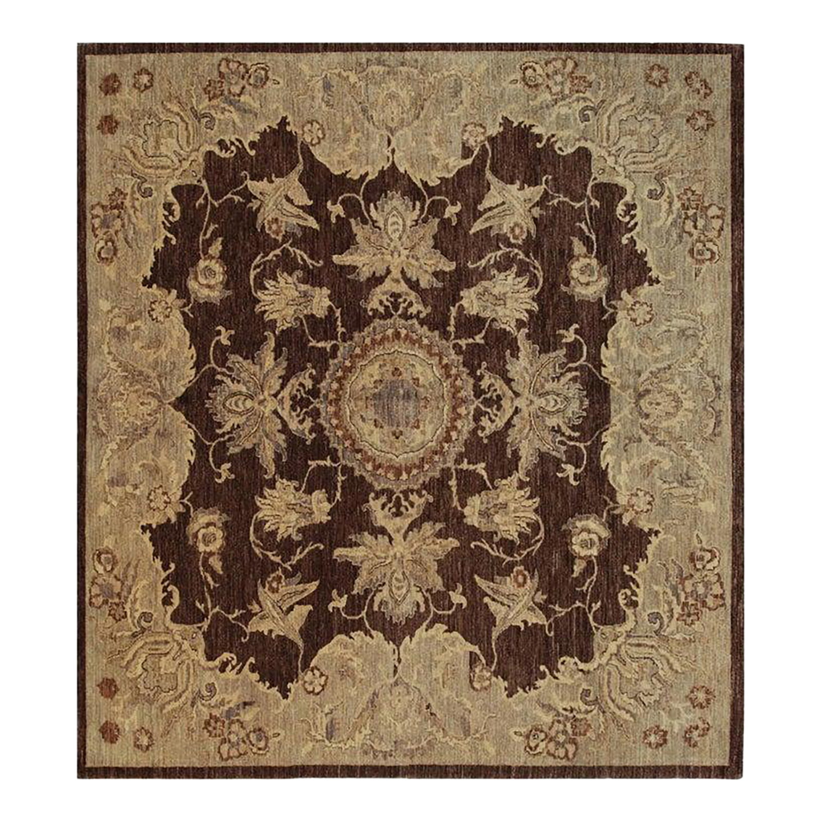 6x9 Brown Hand-Knotted Wool Floral Mandala Classic Traditional Modern Carpet Rug: This hand knotted pile rug is a brown earth tone Agra rug made from natural wool. It serves as a classic traditional floor covering suitable for various residential spaces. The construction utilizes