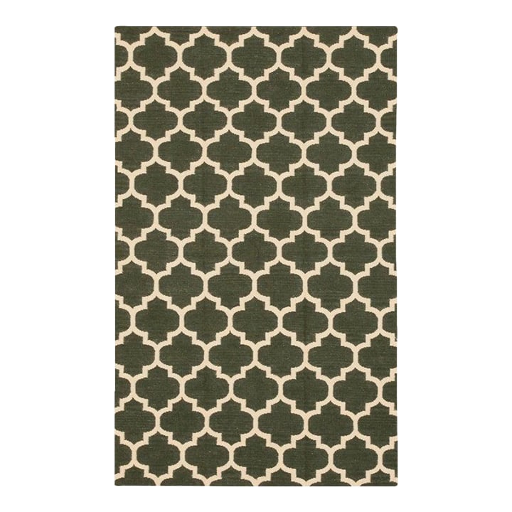 9x12 Green Flat Weave Wool Lattice Trellis Geometric Modern Carpet Rug: This green wool rug features a flat weave construction typical of the Kilim style. It serves as a substantial floor covering that combines natural materials with a specific weave technique. The