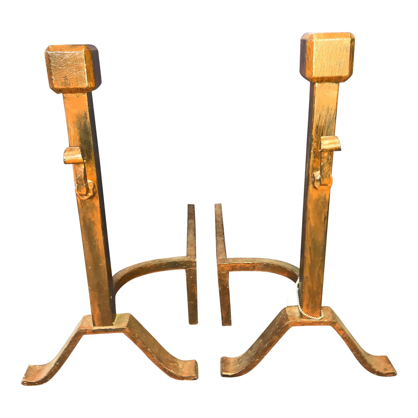Antique Arts & Crafts Fireplace Andirons - a Pair: A beautifully restored pair of antique andirons powder coated in an antique rust finish. A perfect match for any Craftsman or Spanish Revival style home. Condition: Alterations: Original Design