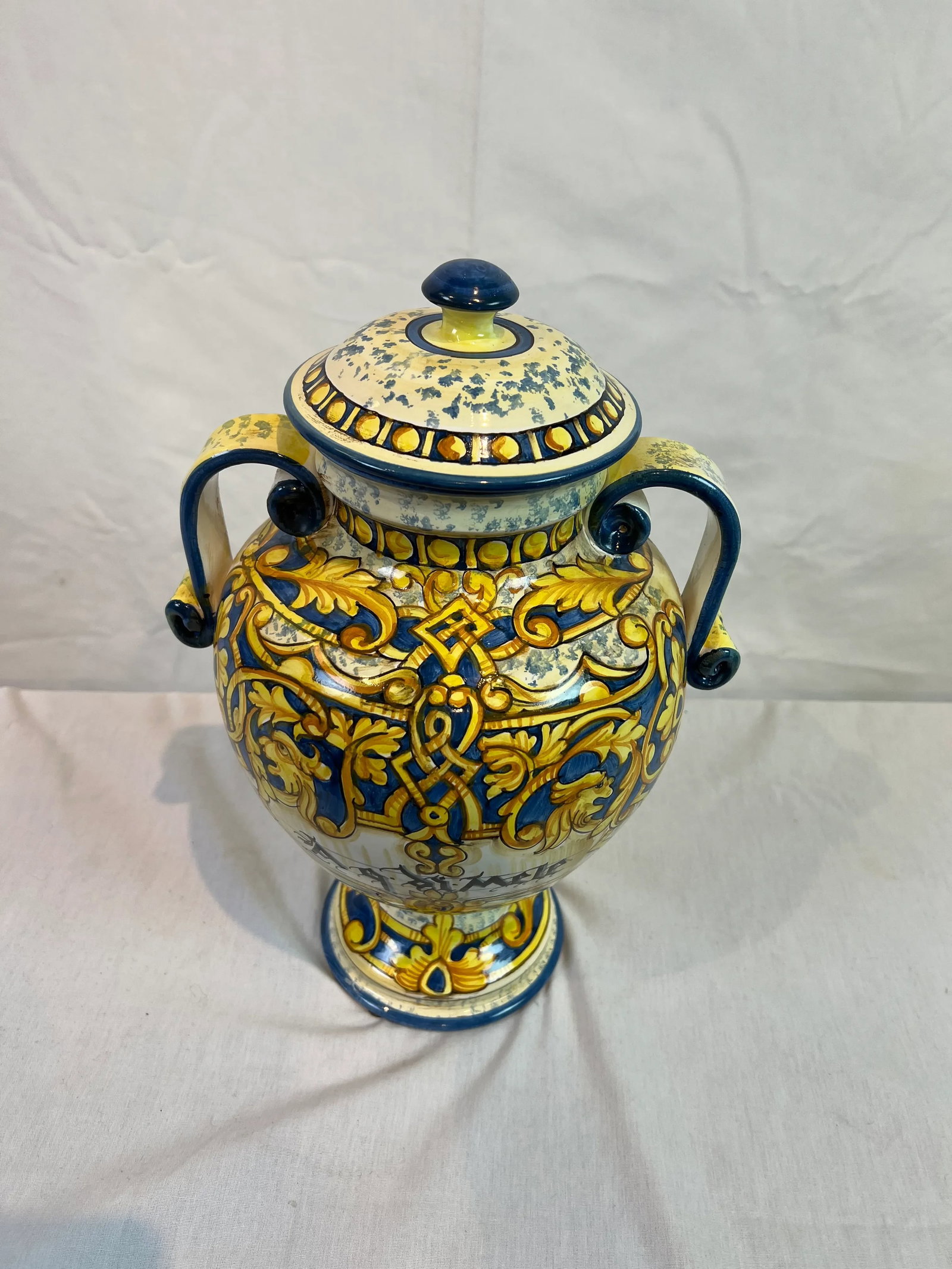 1990s Italian Hand-Painted Blue Urn With Scrolled Handles - 2