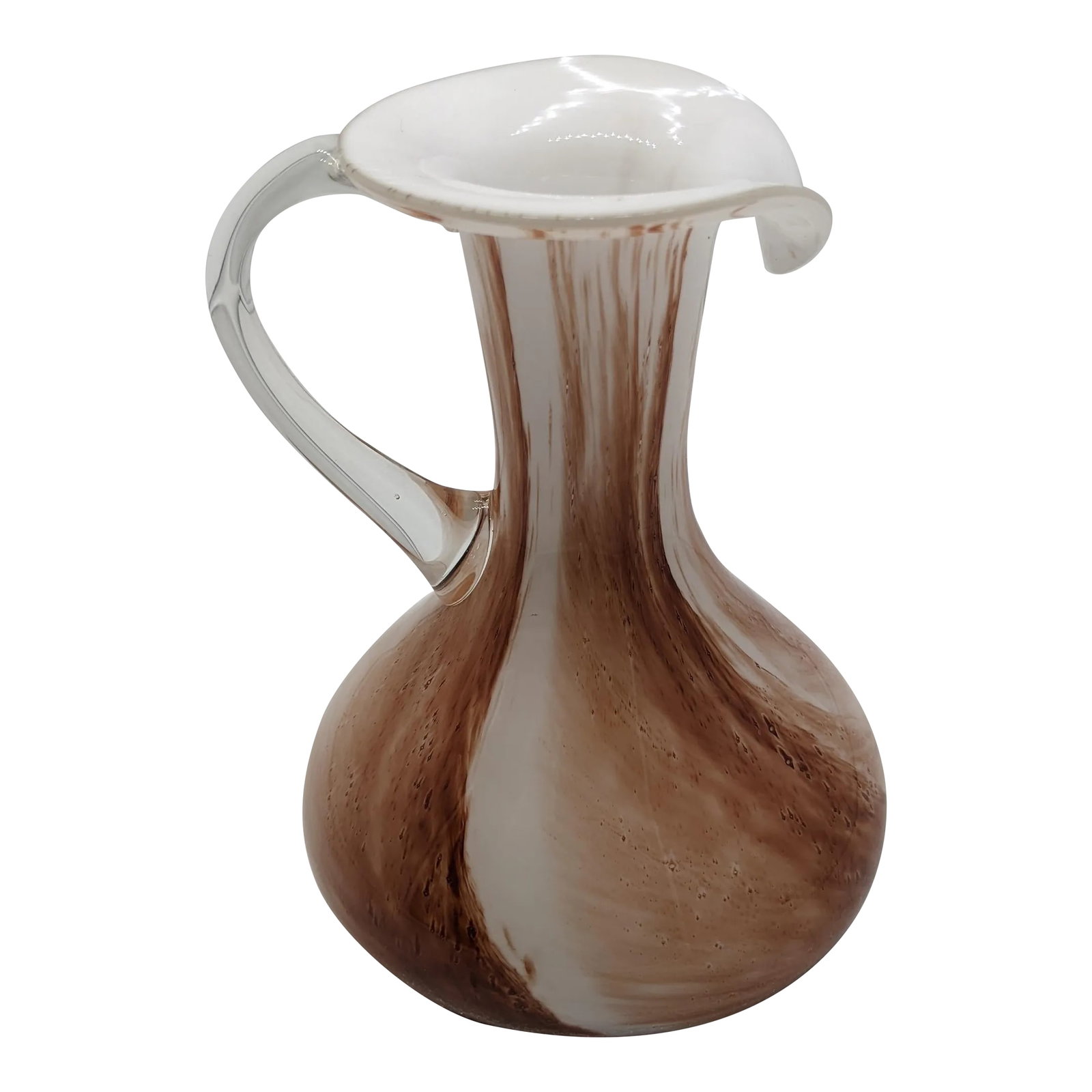 Vintage Brown & White Swirl Murano Art Glass Mini Pitcher: Murano Art Glass Mini Pitcher Brown & White Swirl Syrup Pitcher Creamer Bud Vase 5.5" tall 4" across base 2.5" across top opening Condition: Alterations: Original Condition Unaltered Imperfections: So