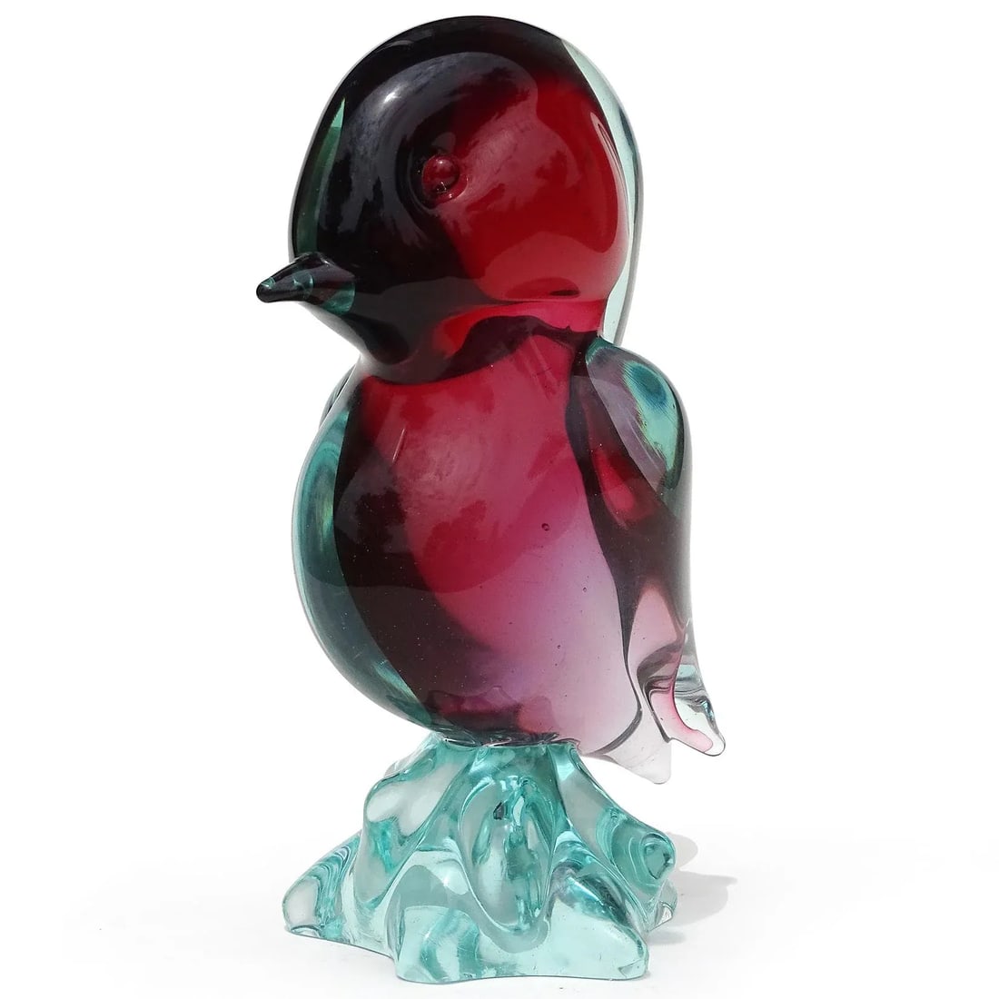 Seguso Murano Vintage Sommerso Red Light Blue Italian Art Glass Bird Figure Sculpture on Base - 2