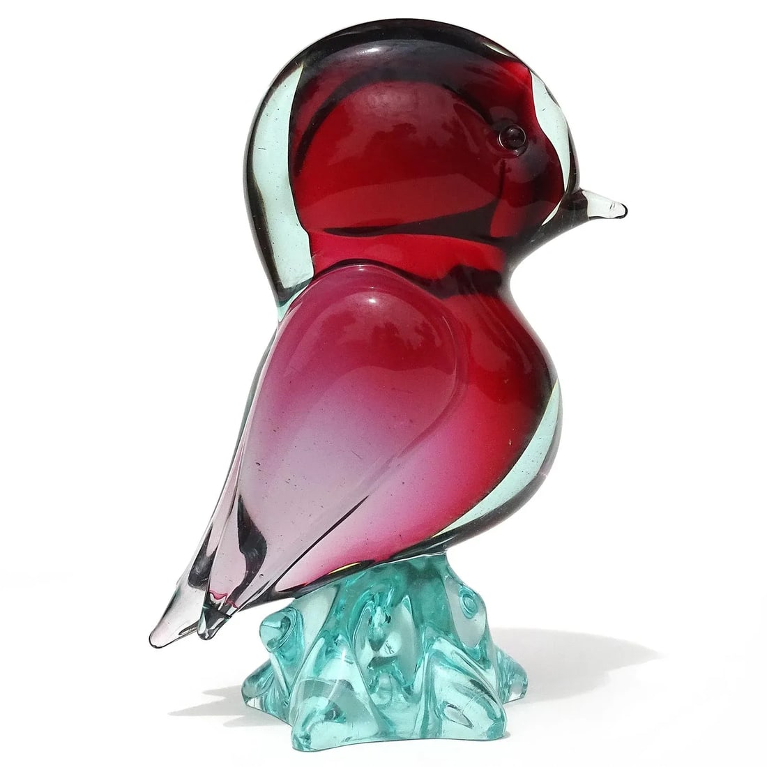 Seguso Murano Vintage Sommerso Red Light Blue Italian Art Glass Bird Figure Sculpture on Base - 4