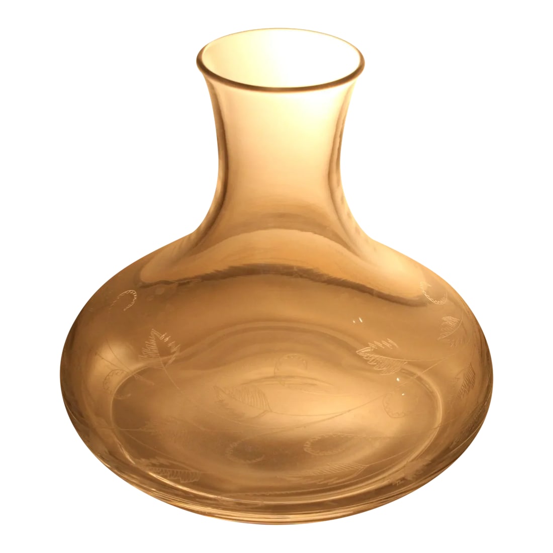 Vintage Clear Crystal Glass Decanter With Circling Etched Leaf Design: Vintage Clear Crystal Glass Contemporary Shaped Decanter Etched Leaf Pattern This simple and elegant decanter has a clean, contemporary style and features a simple etching of leaves on the vine around