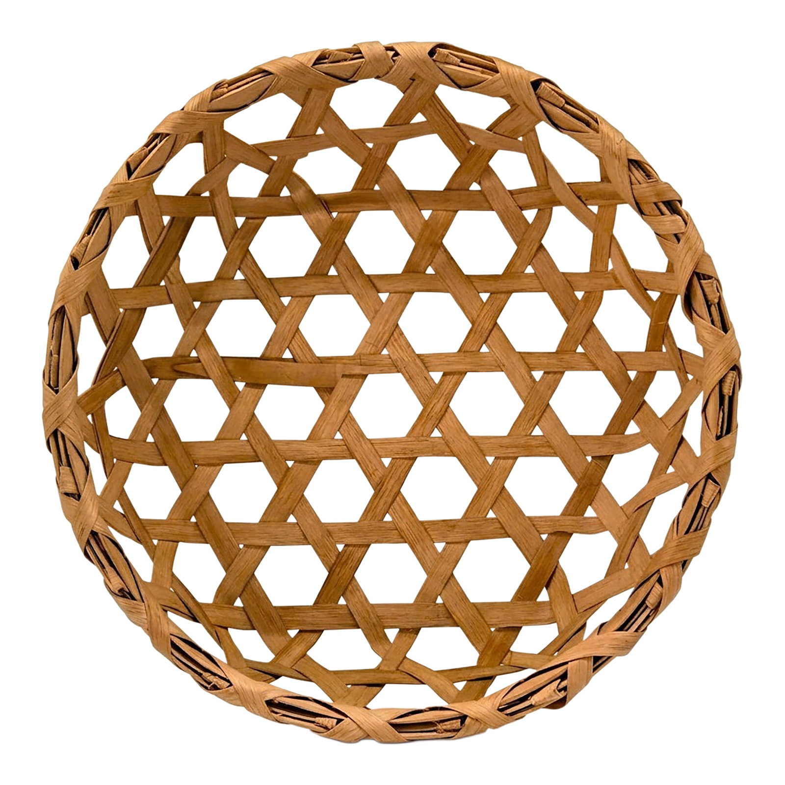 1989 Handcrafted White Oak Lattice Basket by Ernest J. Henning: Beautiful 1989 hand crafted basket made from white oak, made by Mississippi basketmaker Ernest J. Henning of Goodman, MS, using simple traditional tools. The round open-lattice weave shows off the