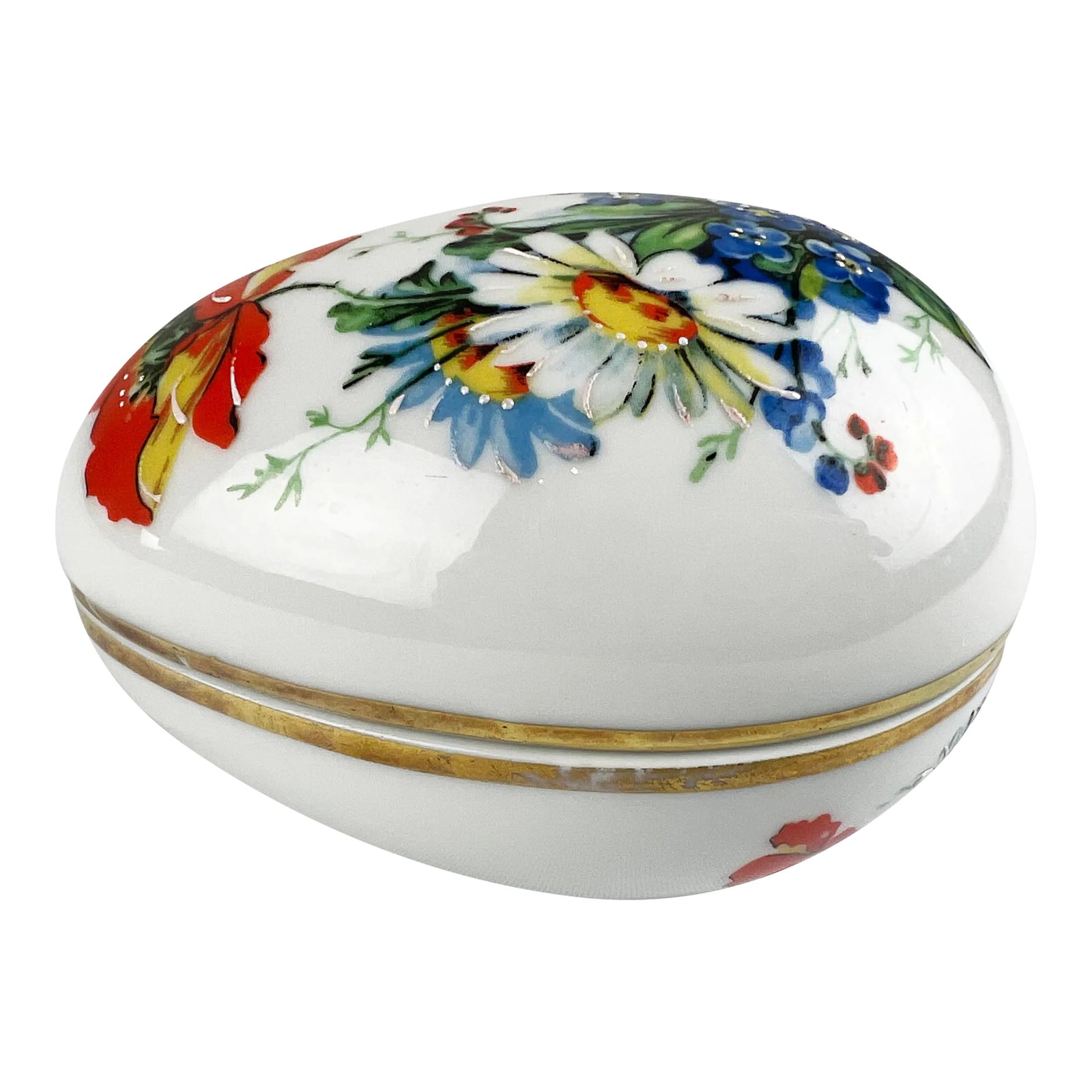 Late 20th Century Fontanille & Marraud Limoges Porcelain Easter Egg Box: An exceptionally large vintage Fontanille & Marraud Limoges porcelain egg box in the classic flowers pattern. From top to bottom it measures3.75 long x 2.5" wide x 1.25" high. In excellent vintage con
