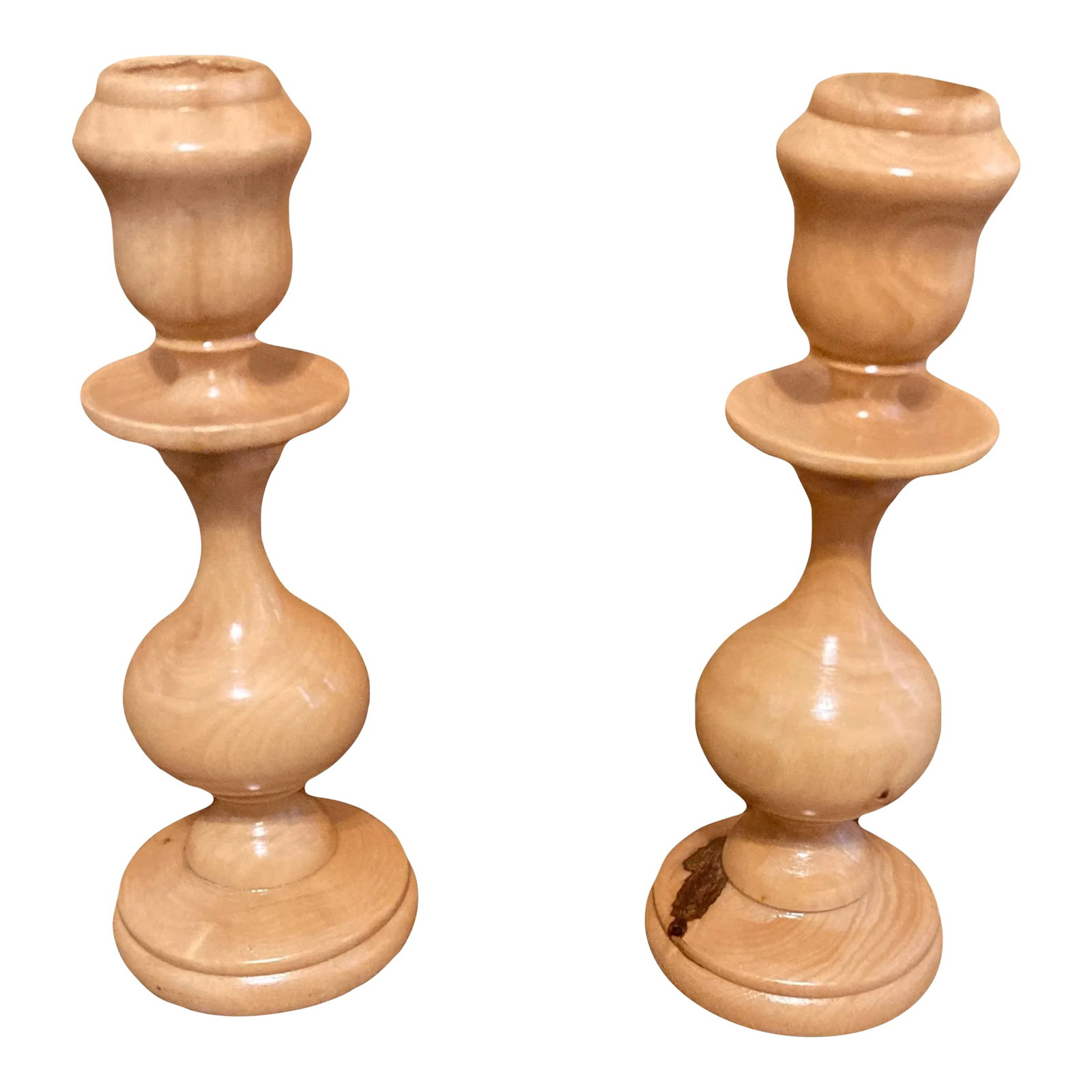 Vintage Maple Hand Turned Candlesticks, Set of 2: Hand turned maple wood candlesticks with red velvet bottoms. Condition: Alterations: Original Condition Unaltered Imperfections: Some Imperfections Condition Notes: Some nicks to wood, wear on bottom