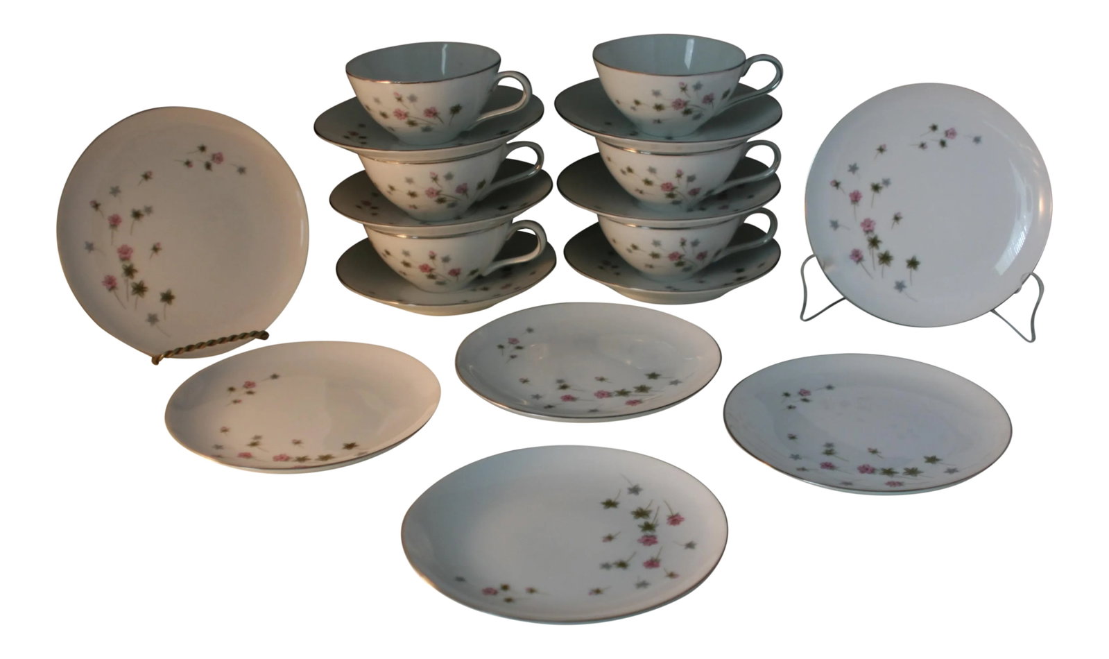 Mid Century Summit China Japan Floral Pink Lily Luncheon Dessert Set -18 Pieces: These lovely and delicate china set was designed by Summit Fine China and were made in Japan during the 1950's - 60's. They have a vivid pink floral lily design with complimenting tones of gray and si
