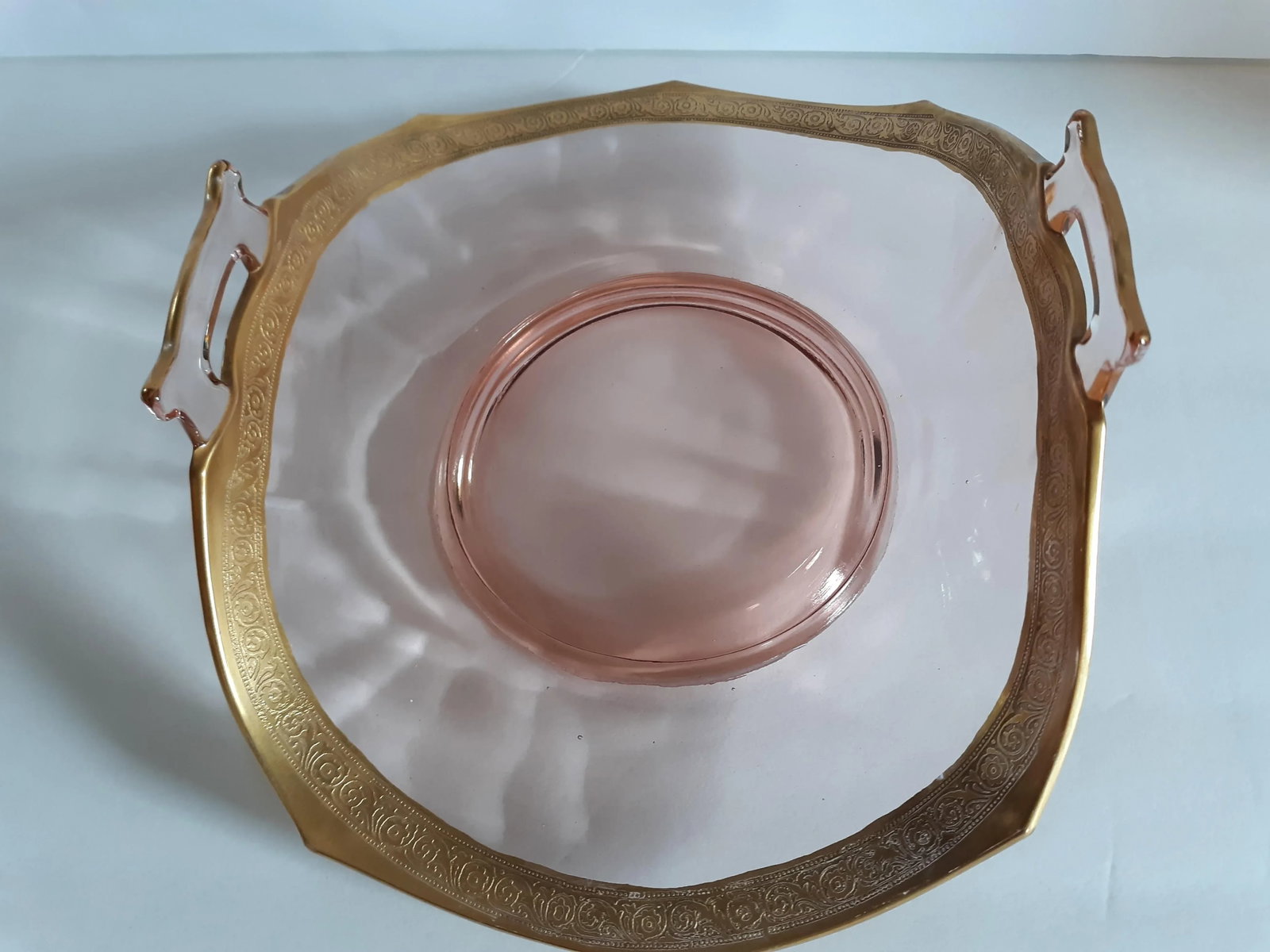 1930s Depression Glass Pink Footed Golden Rim Detailed Handled Bonbon Dish - 10