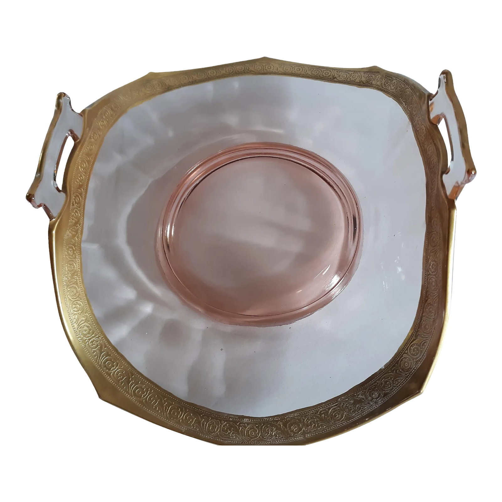 1930s Depression Glass Pink Footed Golden Rim Detailed Handled Bonbon Dish: This pretty pink and gold bonbon dish is from the Indiana Glass Company circa 1930s. This is shown in the glass with very tiny air bubbles. Dish is started with a hexagon plate that has the sides